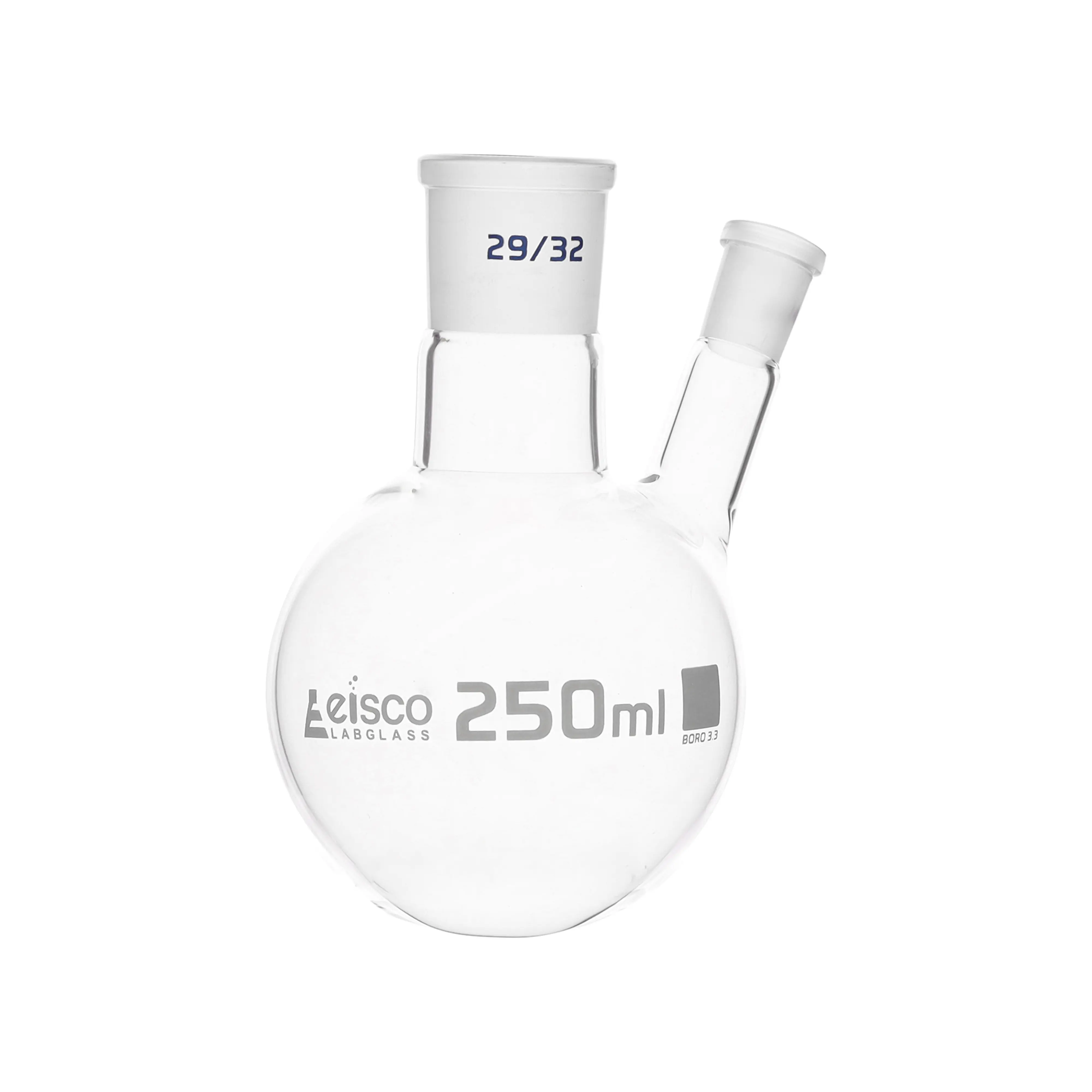 Flask with round bottom, cap. 250ml, borosilicate glass, one oblique neck with joint, centre socket 29/32, side socket 14/23