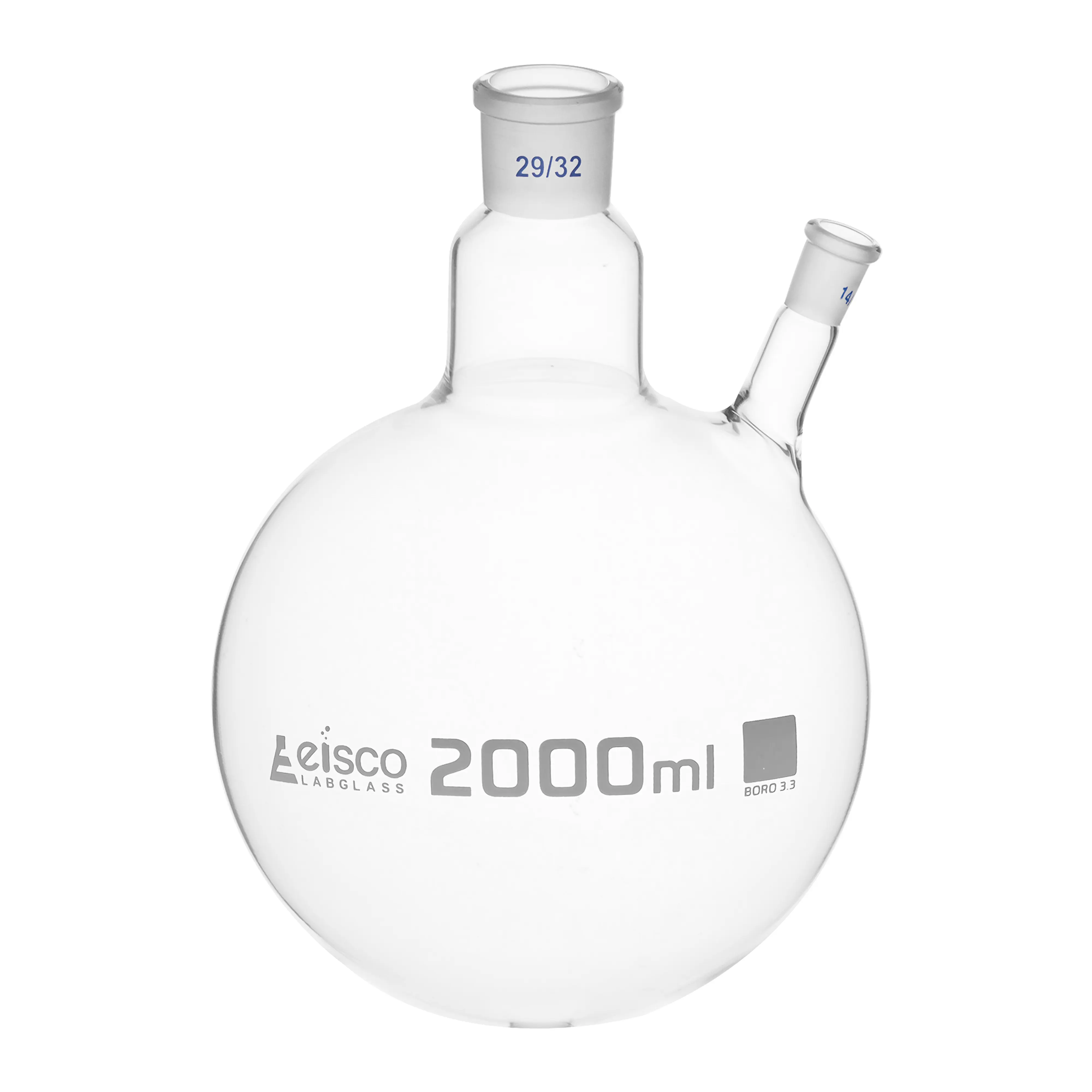 Flask with round bottom, cap. 2000ml, borosilicate glass, one oblique neck with joint, centre socket 29/32, side socket 14/23
