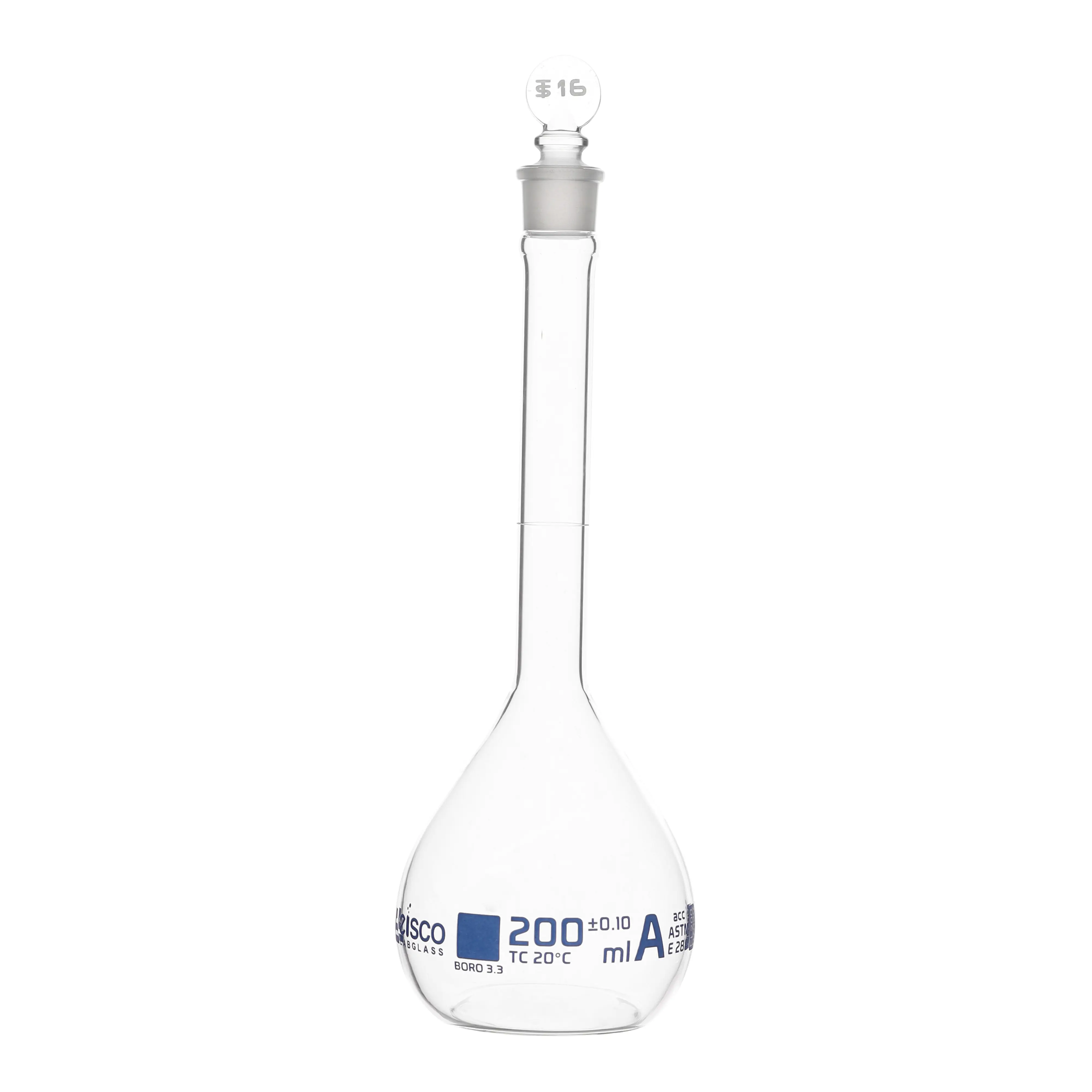 Flask Volumetric With Solid Glass Stopper ASTM-E288 STD Class A 250 ml Stopper no 16, Blue Printing