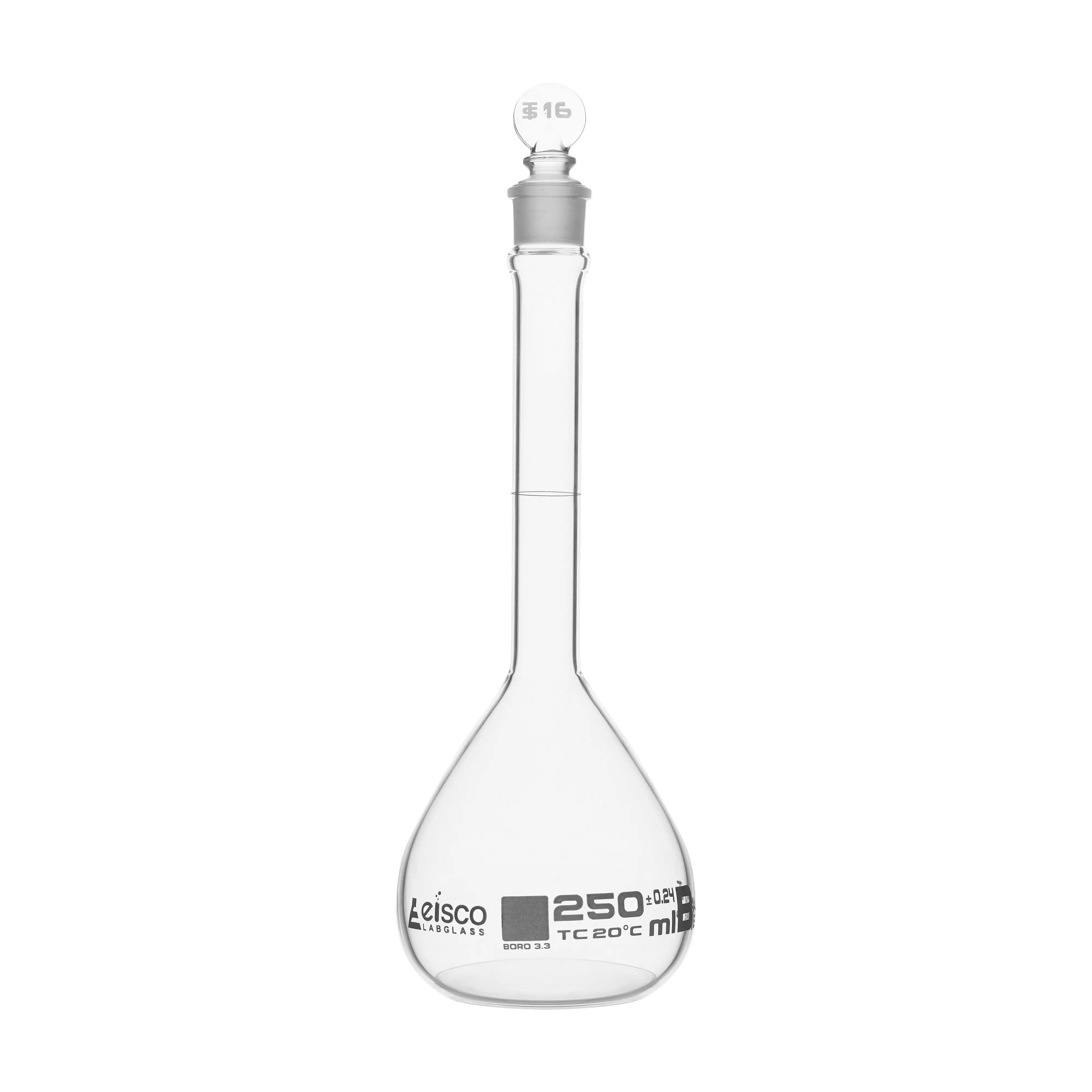 Flask Volumetric With Solid Glass Stopper ASTM-E288 STD Class B 200 ml Stopper no 19, Blue Printing