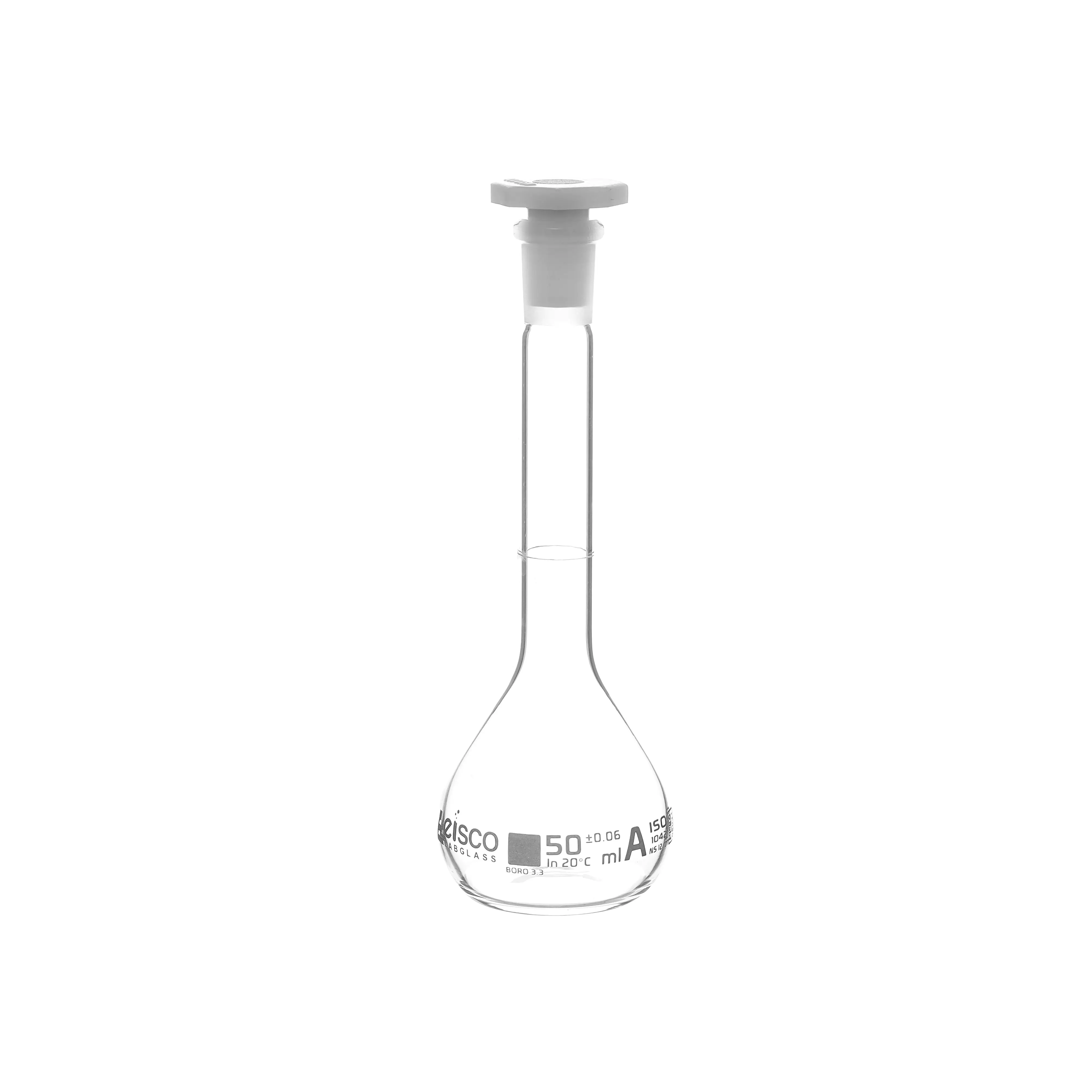 Flask Volumetric class 'A', cap. 50ml, socket size 12/21, borosilicate glass, White Printing