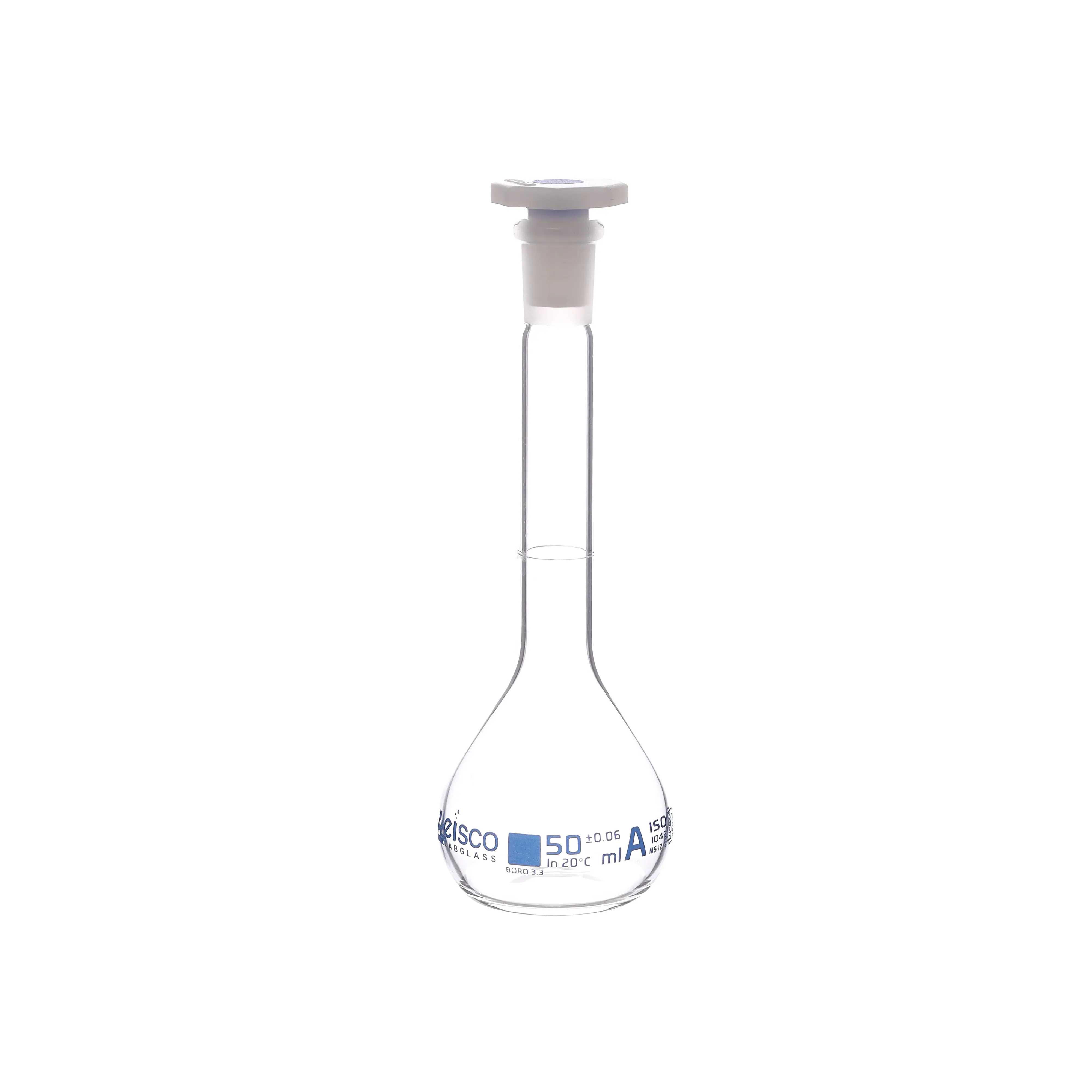 Flask Volumetric class 'A', cap. 50ml, socket size 12/21, borosilicate glass, Blue Printing