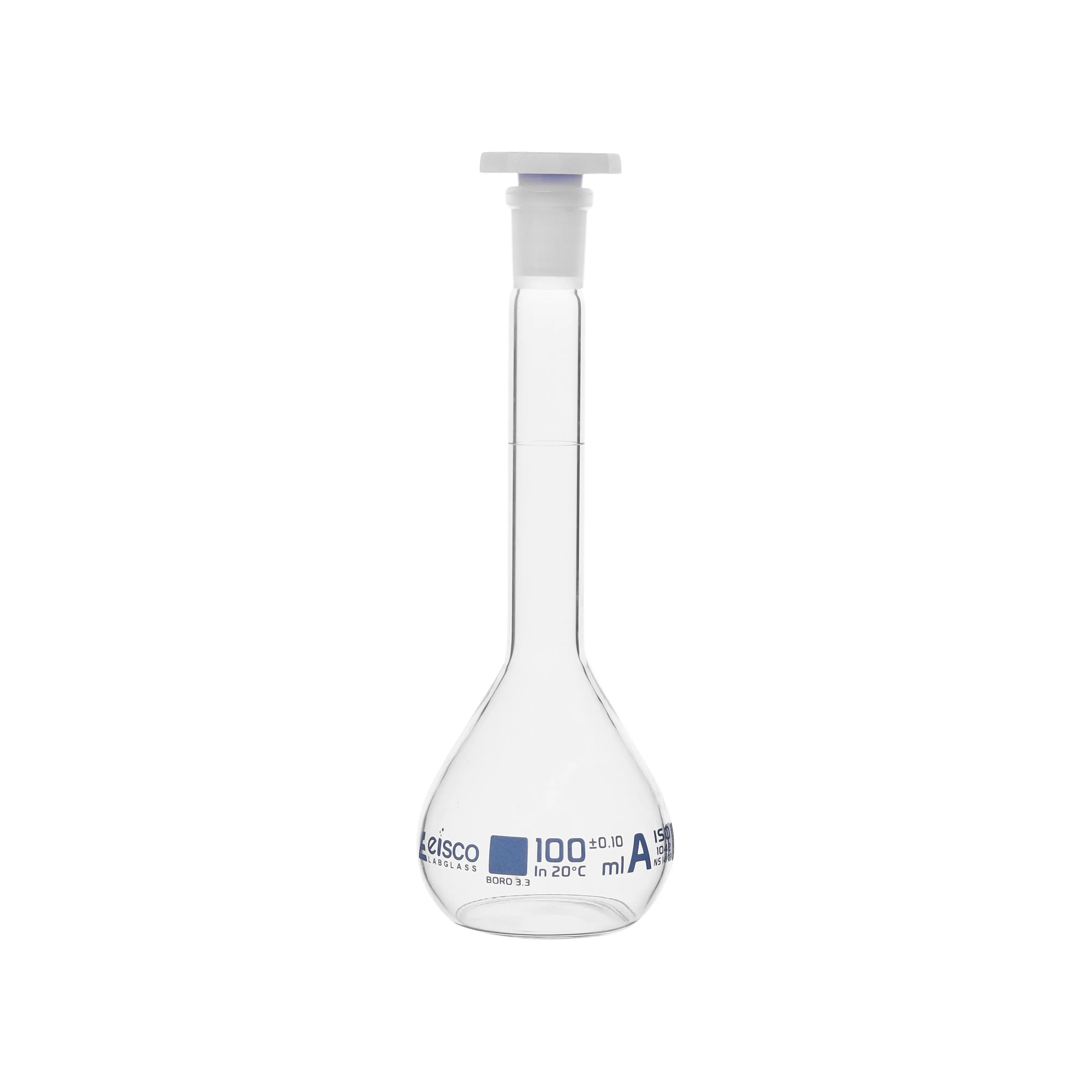 Flask Volumetric class 'A', cap. 100ml, socket size 14/23, borosilicate glass, Blue Printing