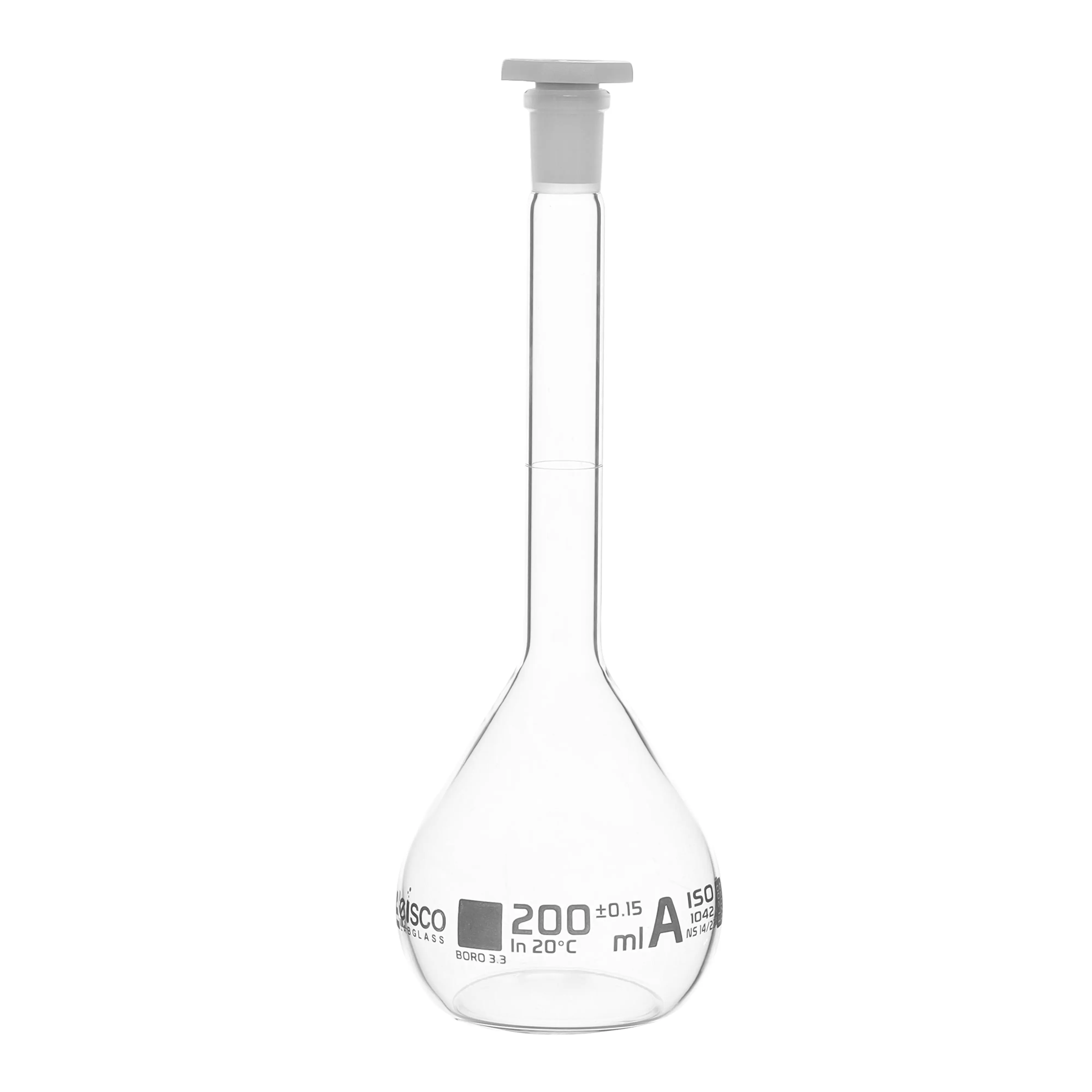 Flask Volumetric class 'A', cap. 200ml, socket size 14/23, borosilicate glass, White Printing