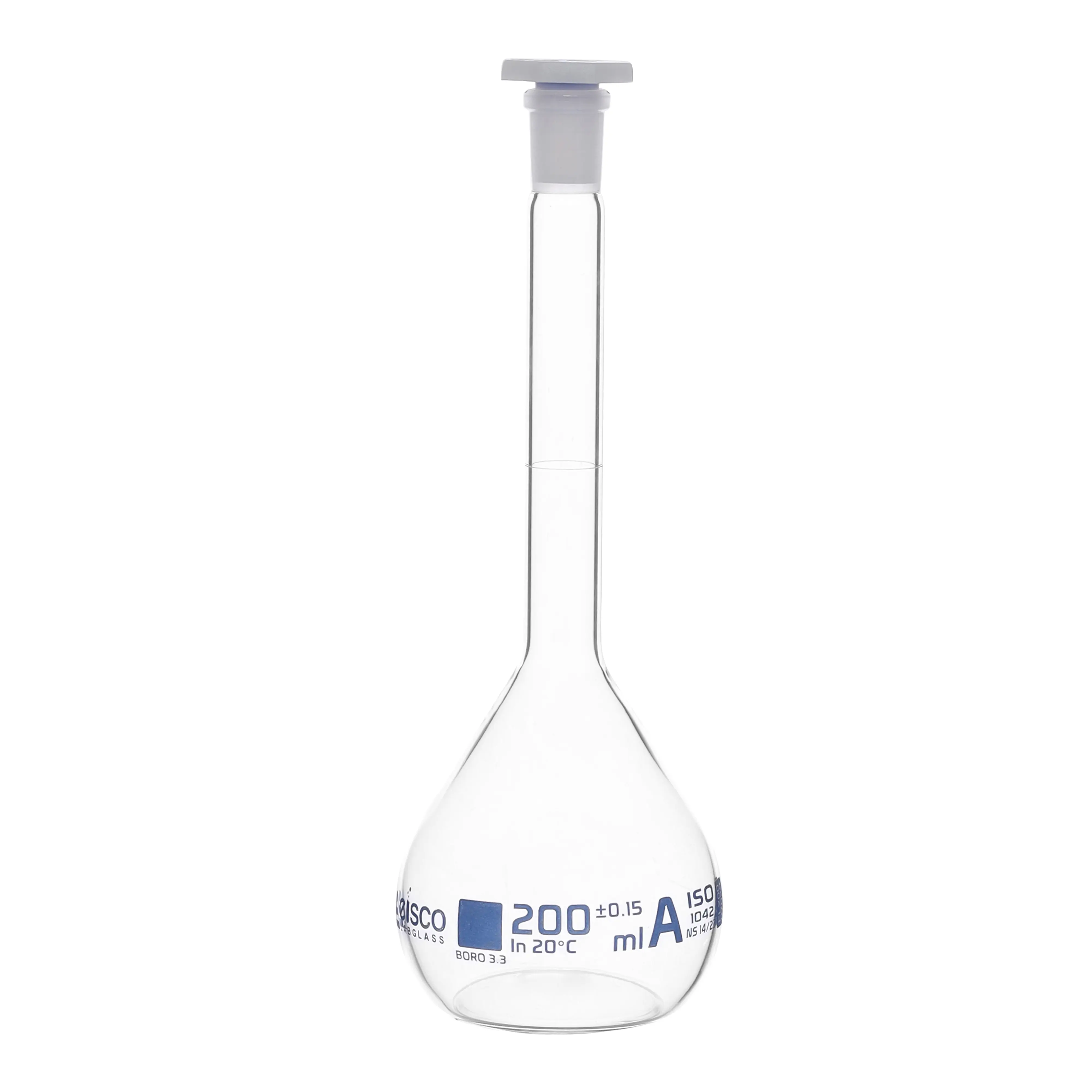 Flask Volumetric class 'A', cap. 200ml, socket size 14/23, borosilicate glass, Blue Printing