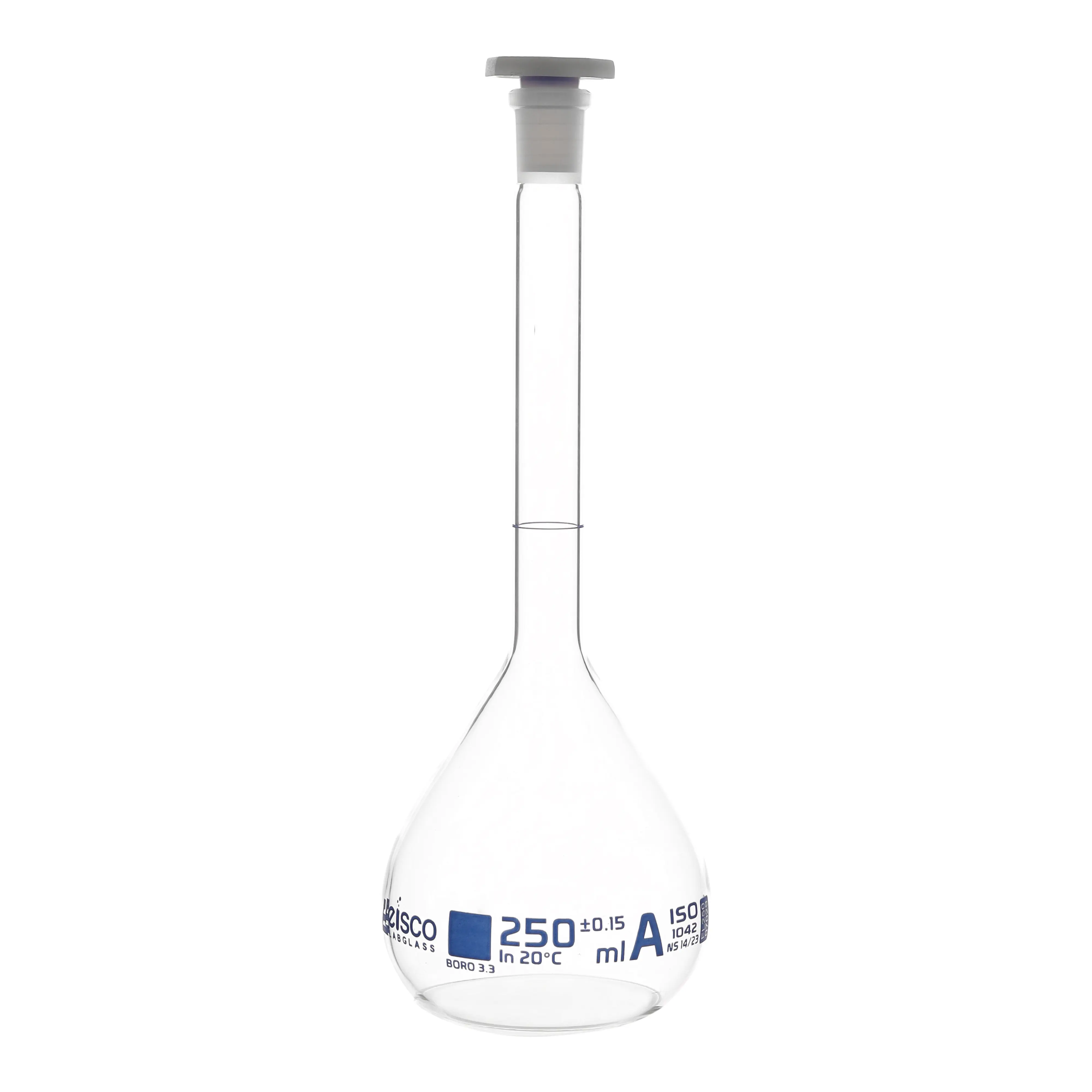 Flask Volumetric class 'A', cap. 250ml, socket size 14/23, borosilicate glass, Blue Printing