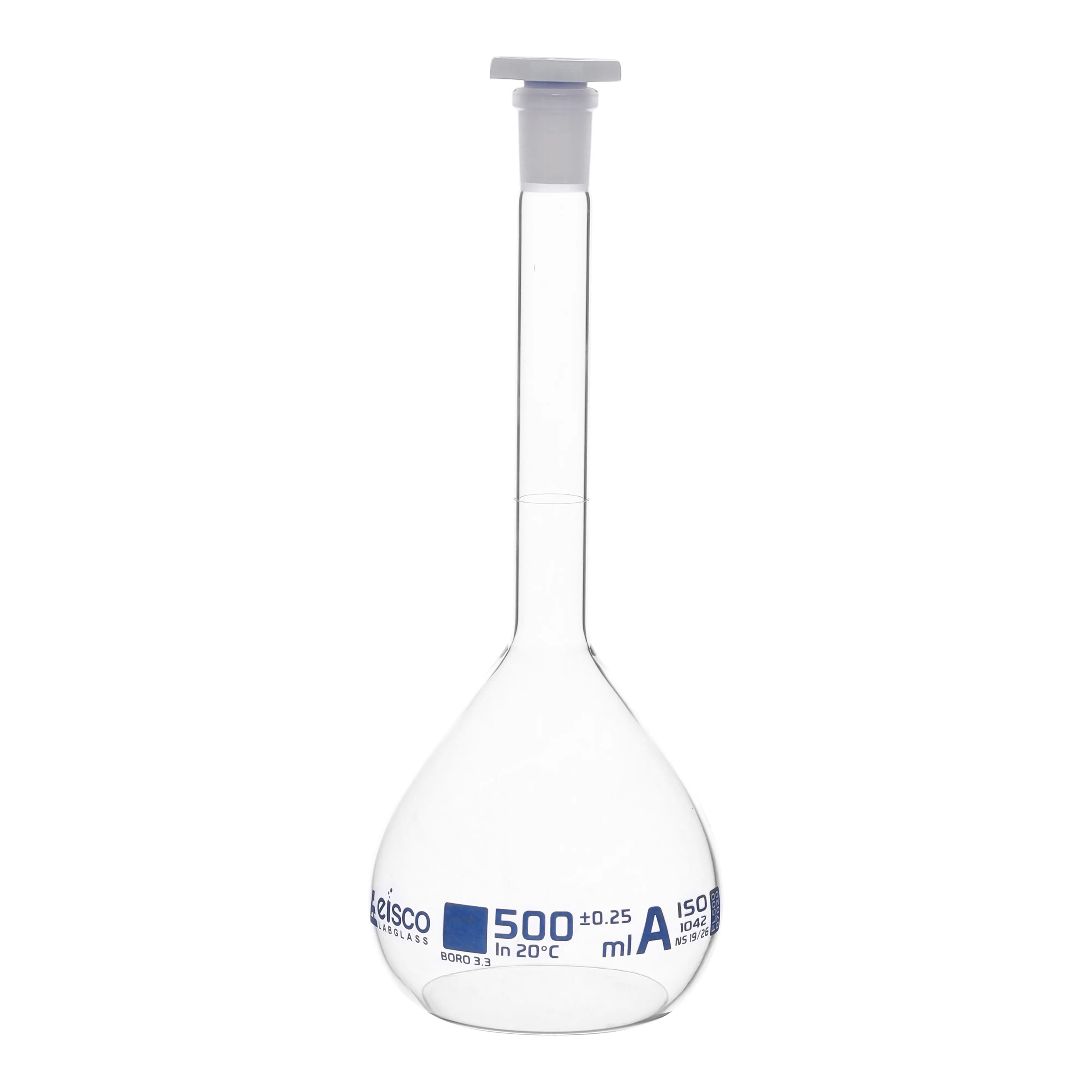 Flask Volumetric class 'A', cap. 500ml, socket size 19/26, borosilicate glass, Blue Printing
