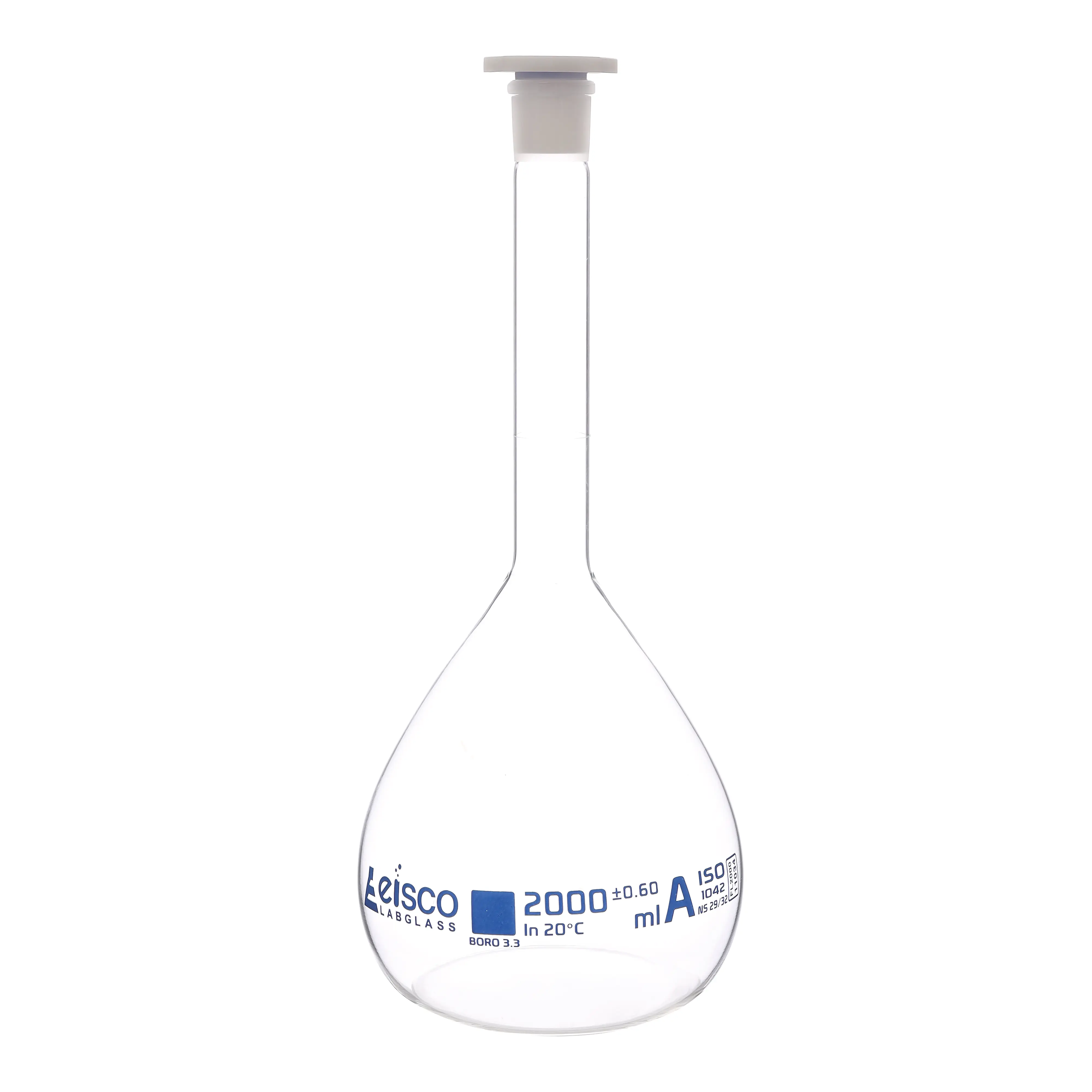 Flask Volumetric class 'A', cap. 2000ml, socket size 29/32, borosilicate glass, Blue Printing