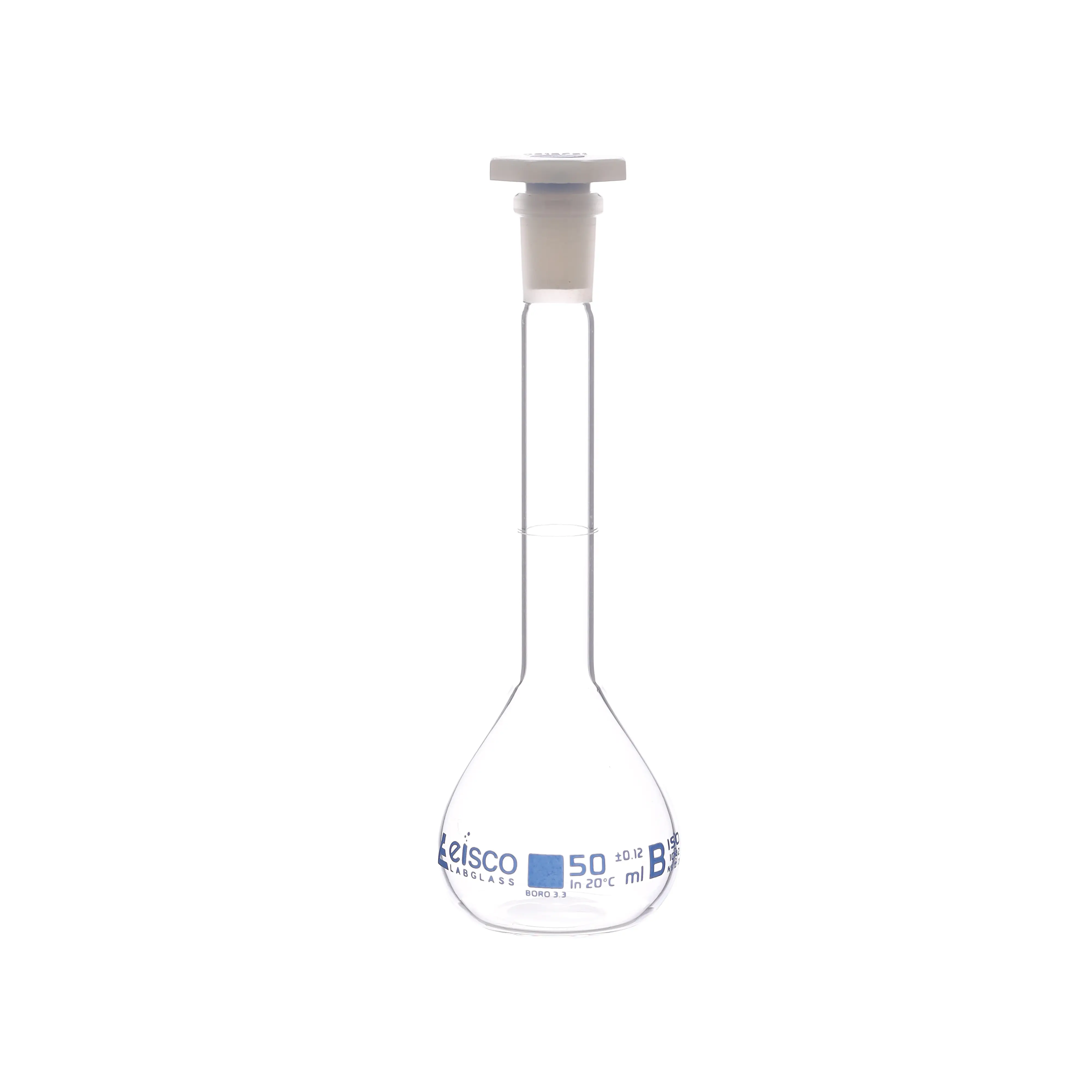 Flask Volumetric class 'B', cap. 50ml, socket size 12/21, borosilicate glass, Blue Printing