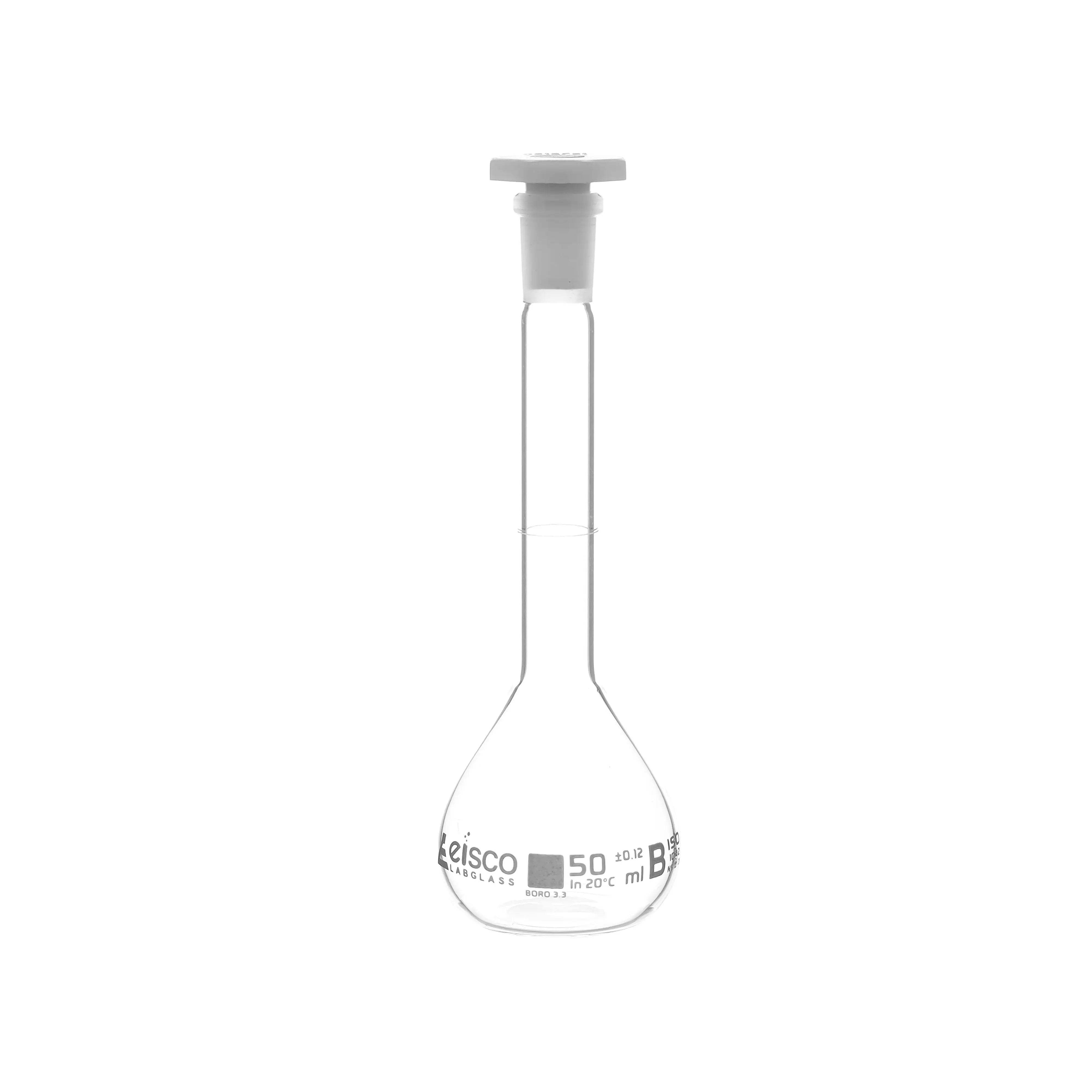 Flask Volumetric class 'B', cap. 200ml, socket size 14/23, borosilicate glass, White Printing