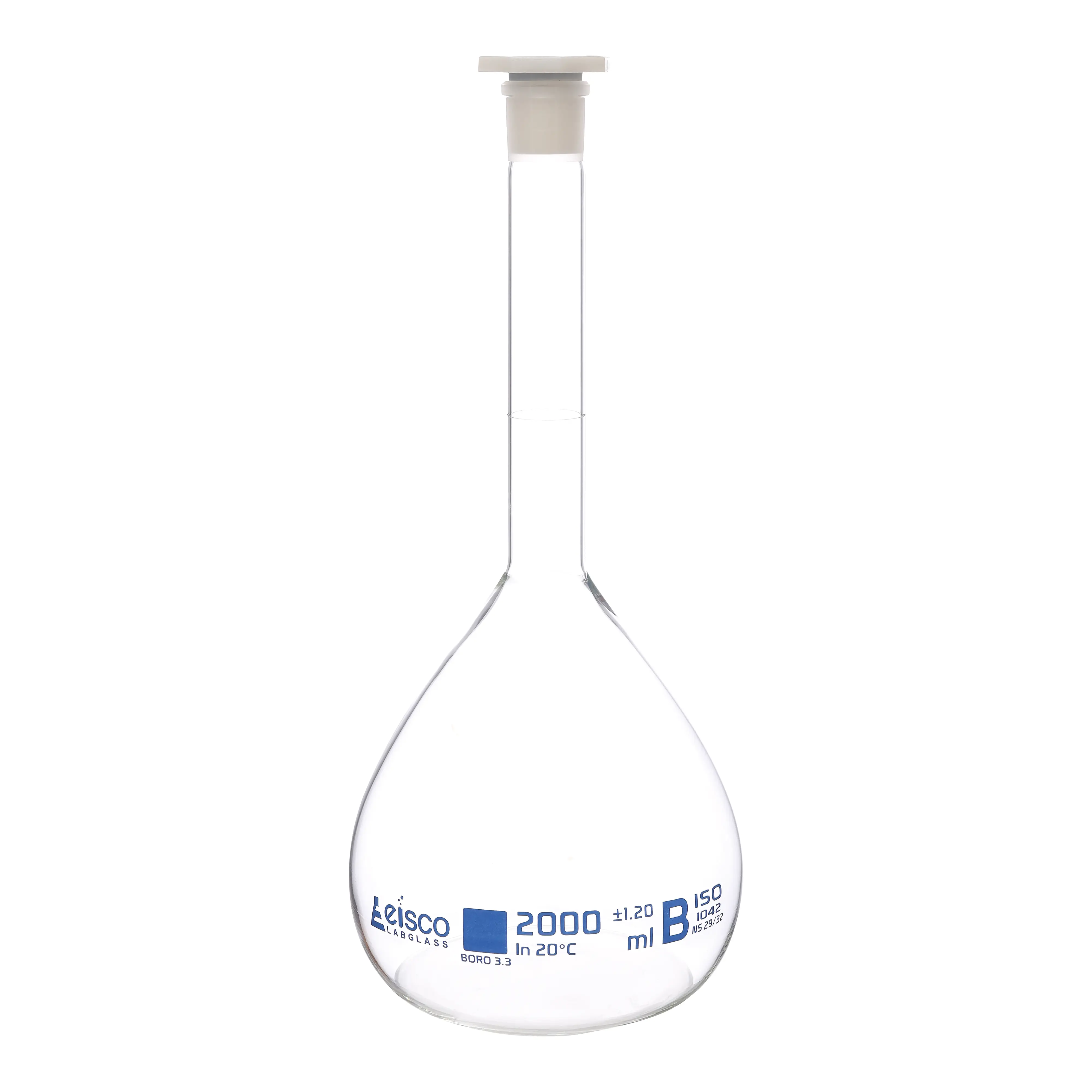Flask Volumetric class 'B', cap. 2000ml, socket size 29/32, borosilicate glass, Blue Printing