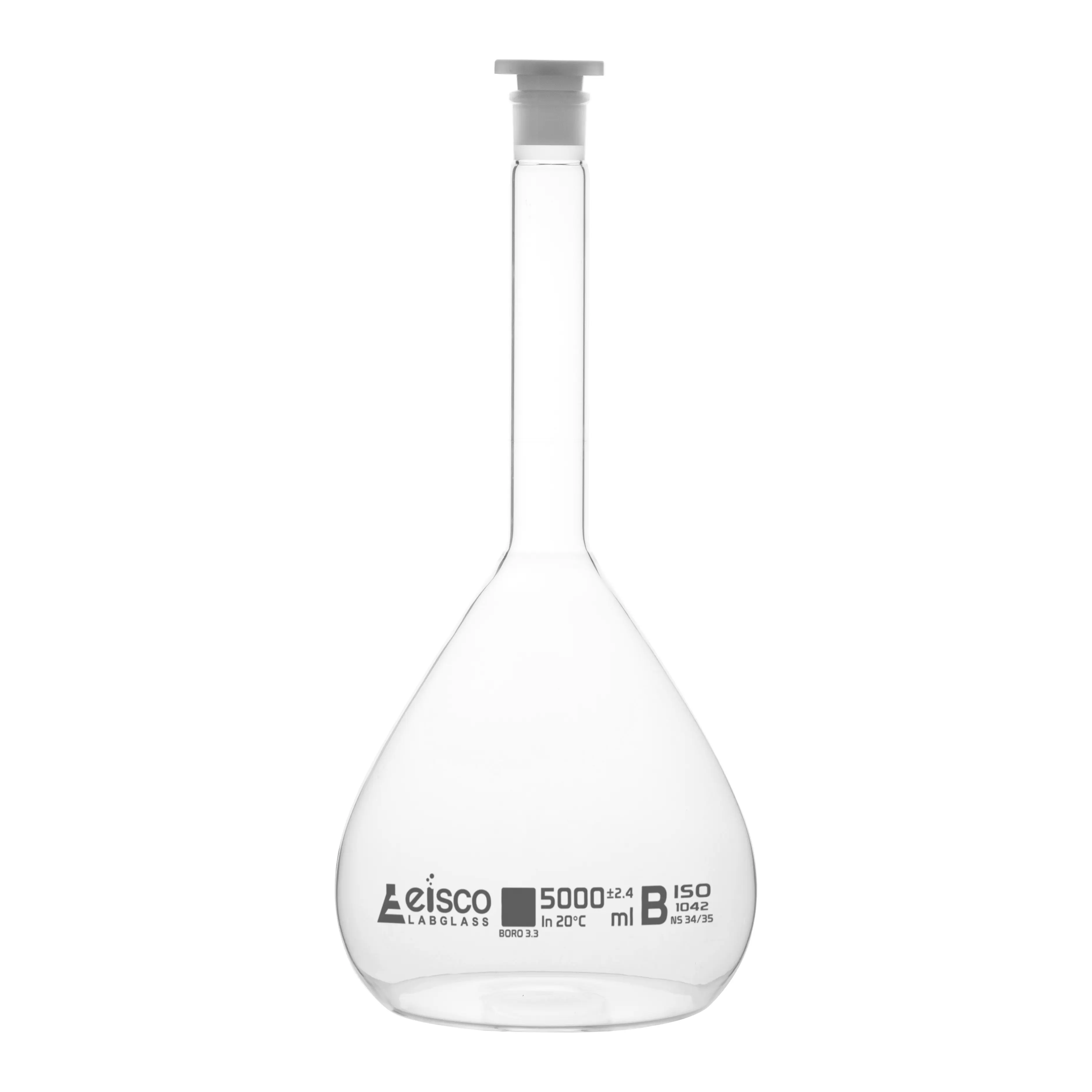 Flask Volumetric class 'B', cap. 5000ml, socket size 34/35, borosilicate glass, White Printing