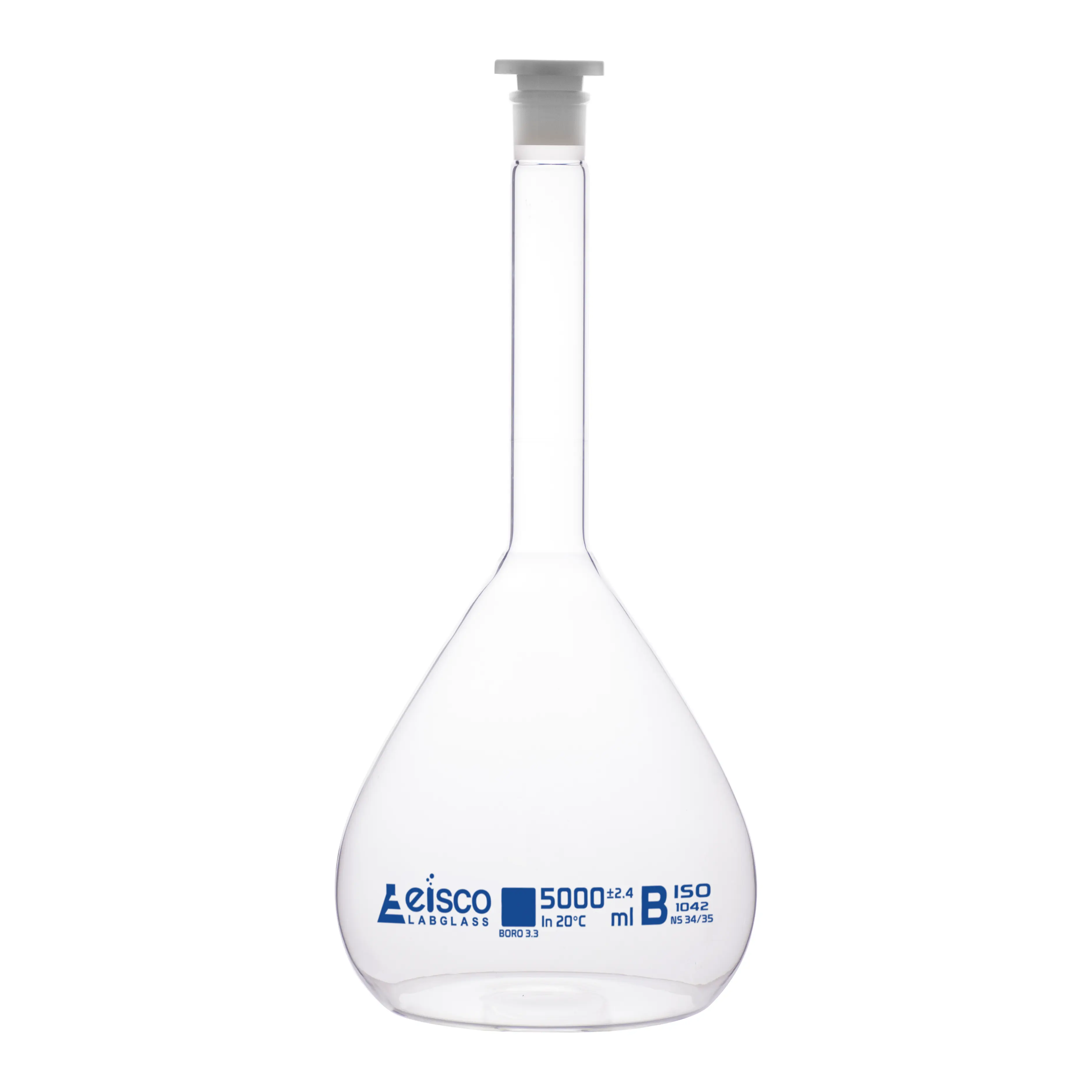 Flask Volumetric class 'B', cap. 5000ml, socket size 34/35, borosilicate glass, Blue Printing