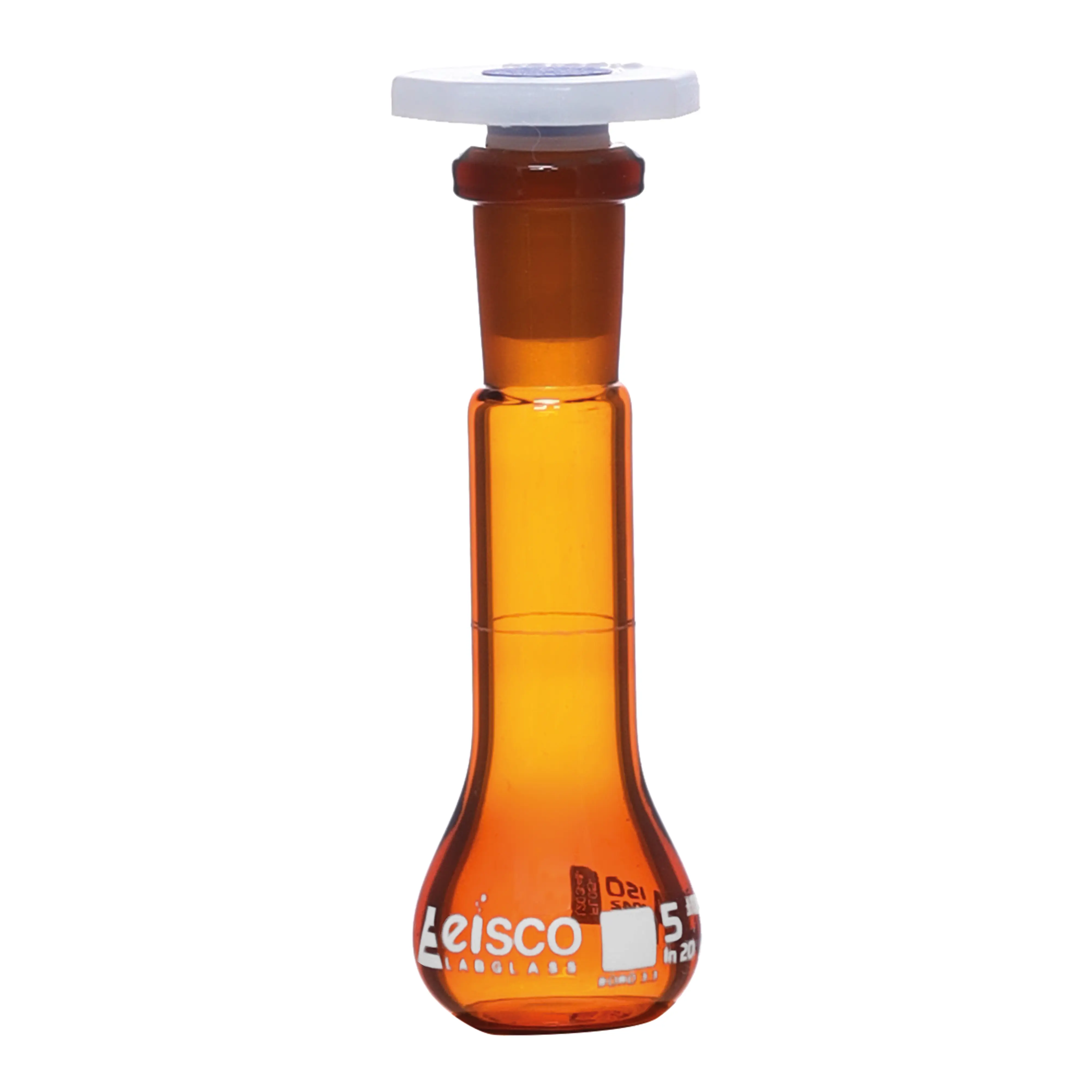 Flask Volumetric Amber, cap. 5ml, fitted with chemical resistance polypropylene stopper, borosilicate glass