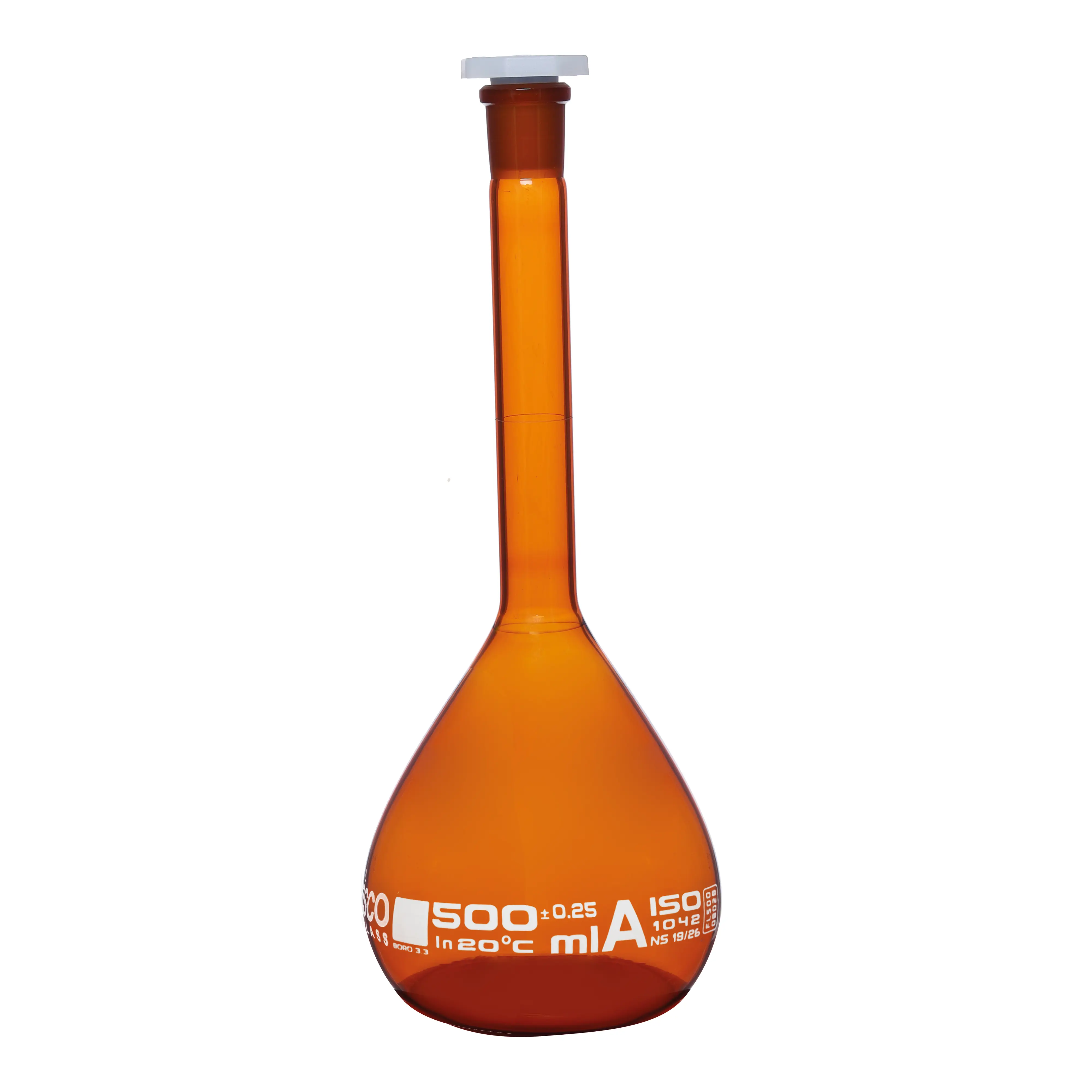 Flask Volumetric Amber, cap. 500ml, fitted with chemical resistance polypropylene stopper, borosilicate glass