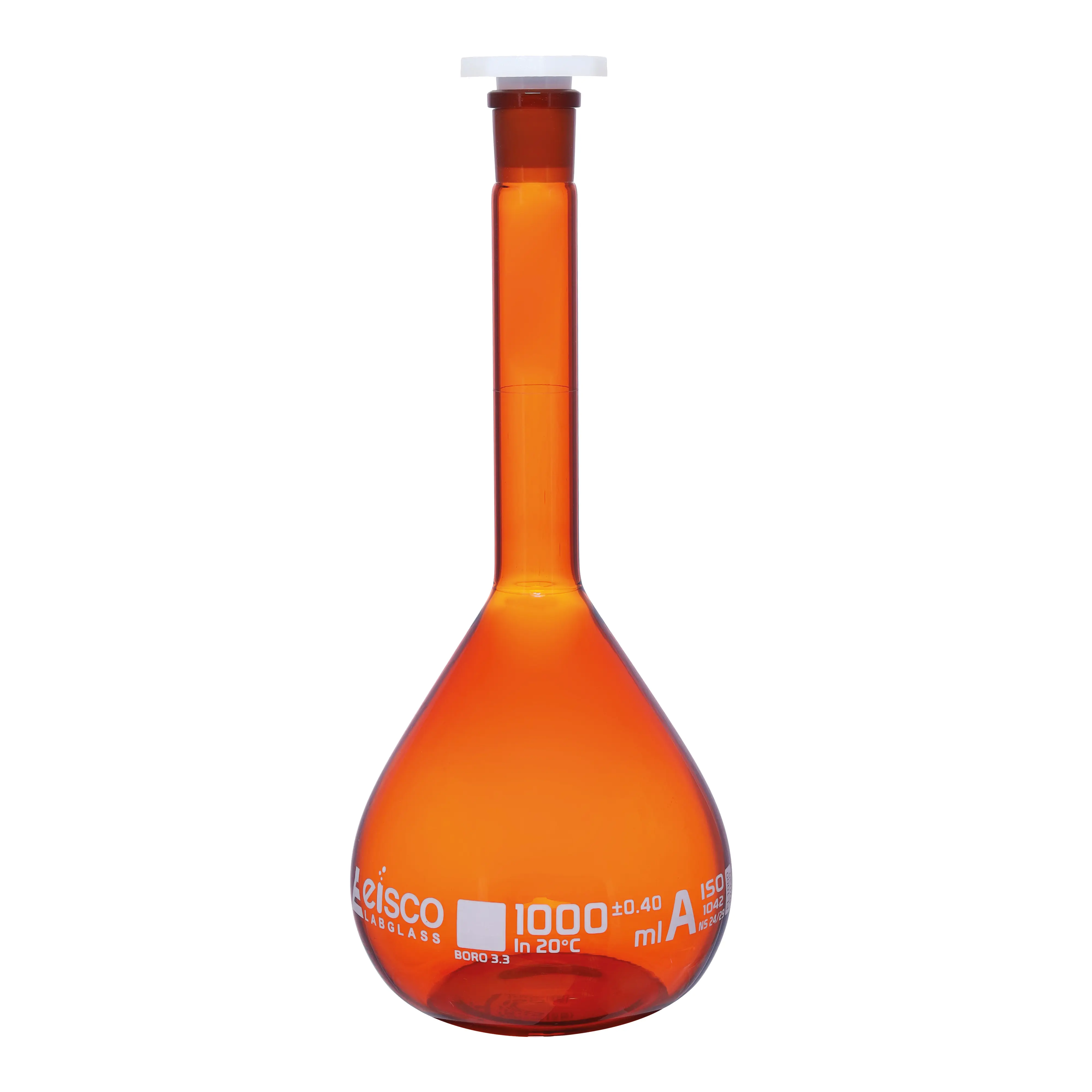 Flask Volumetric Amber, cap. 1000ml, fitted with chemical resistance polypropylene stopper, borosilicate glass