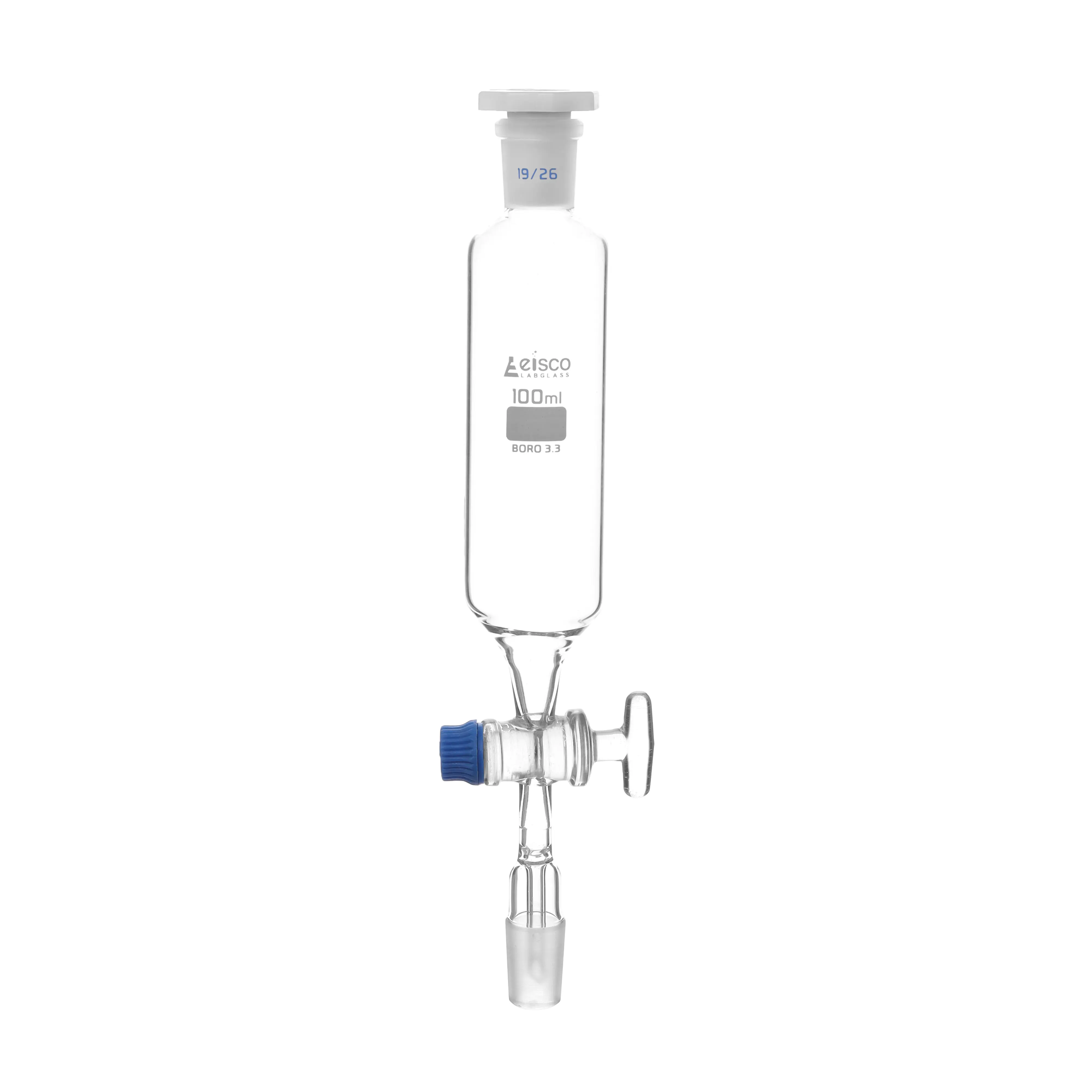 Funnel Dropping - Cylindrical, cap. 100ml, socket size 19/26, borosilicate glass, Un-graduated cylindrical with Glass stopcock & interchangeable plastic stopper