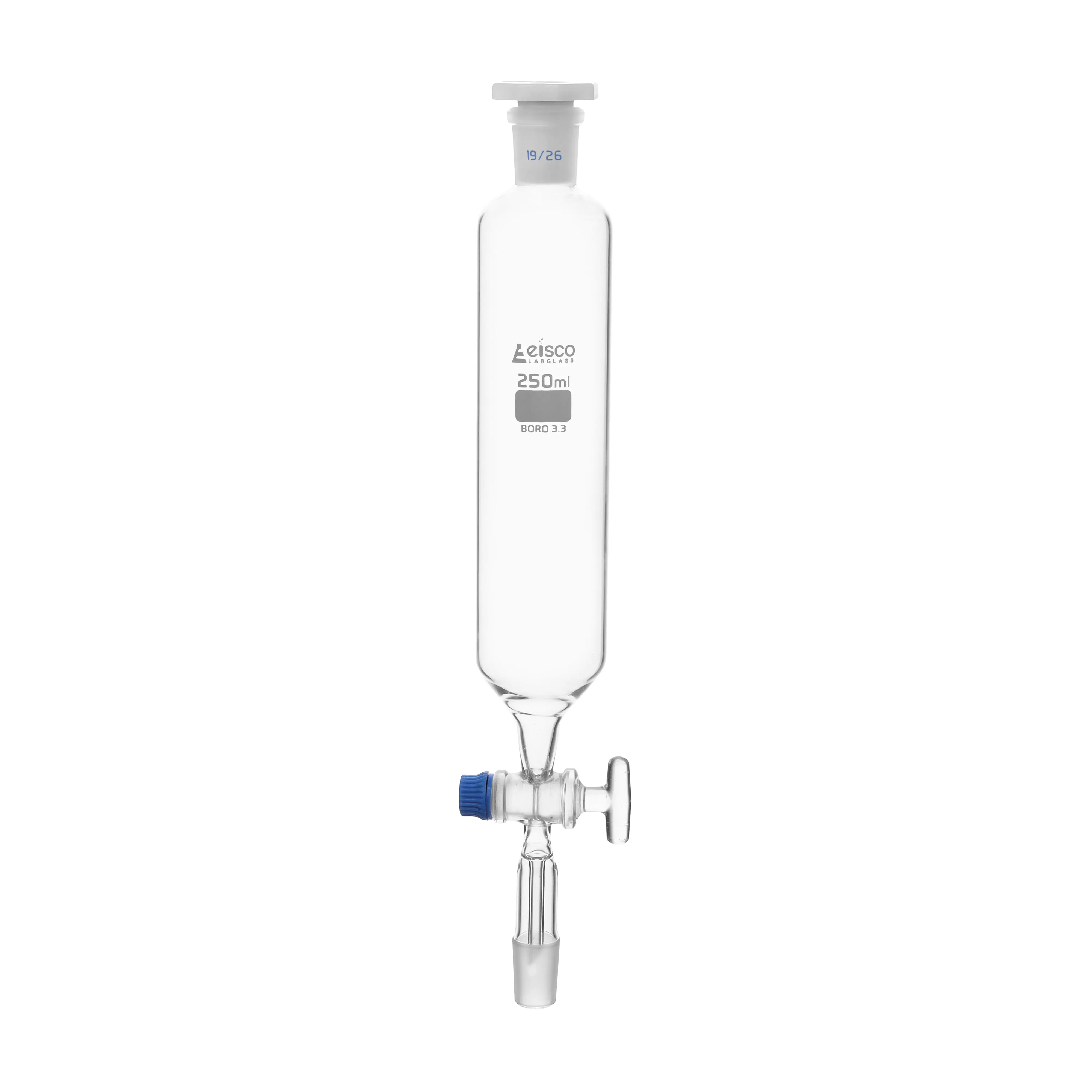 Funnel Dropping - Cylindrical, cap. 1000ml, socket size 29/32, borosilicate glass, Un-graduated cylindrical with Glass stopcock & interchangeable plastic stopper