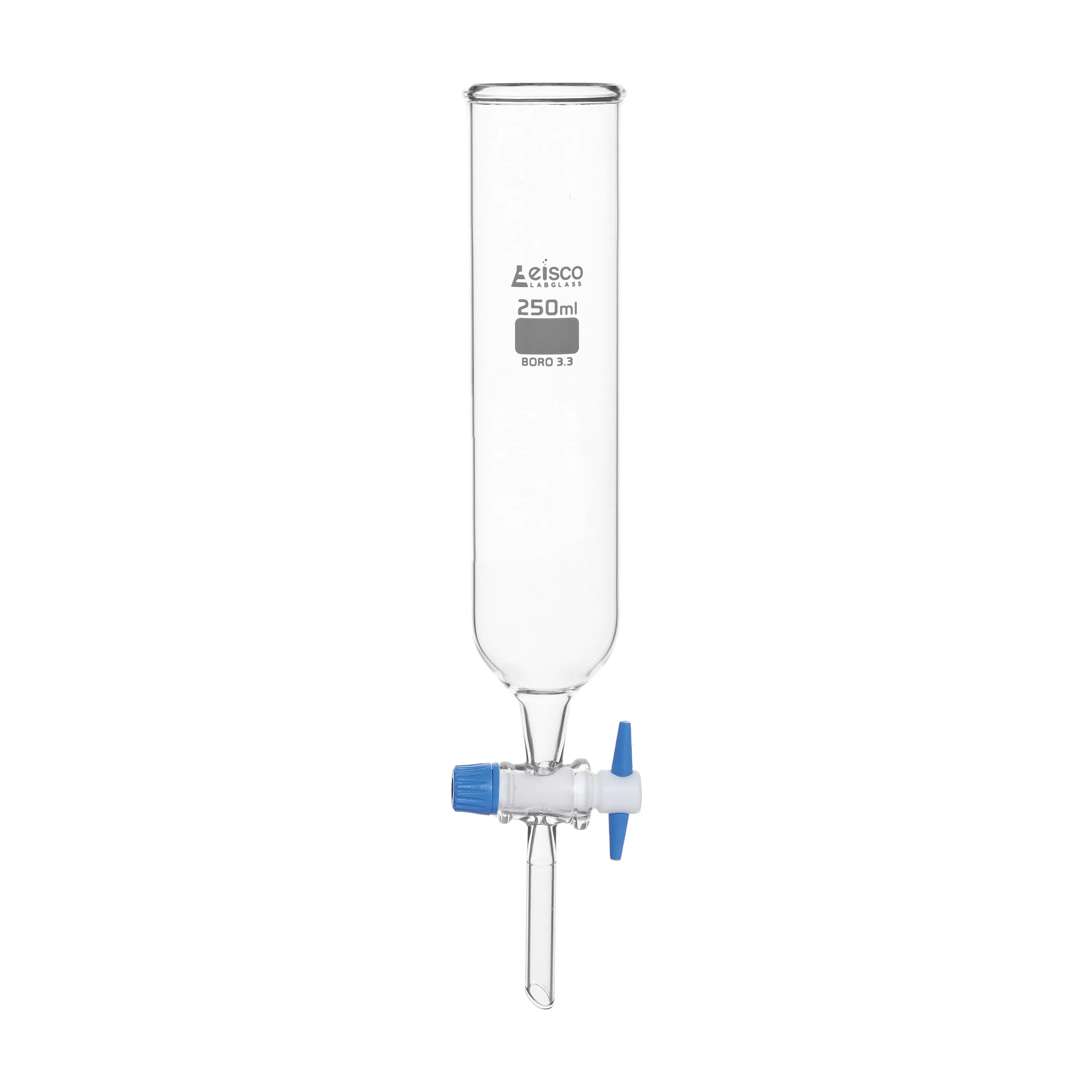 Funnel Dropping - Open, cap. 250ml, borosilicate glass, Cylindrical, open top with PTFE key stopcock