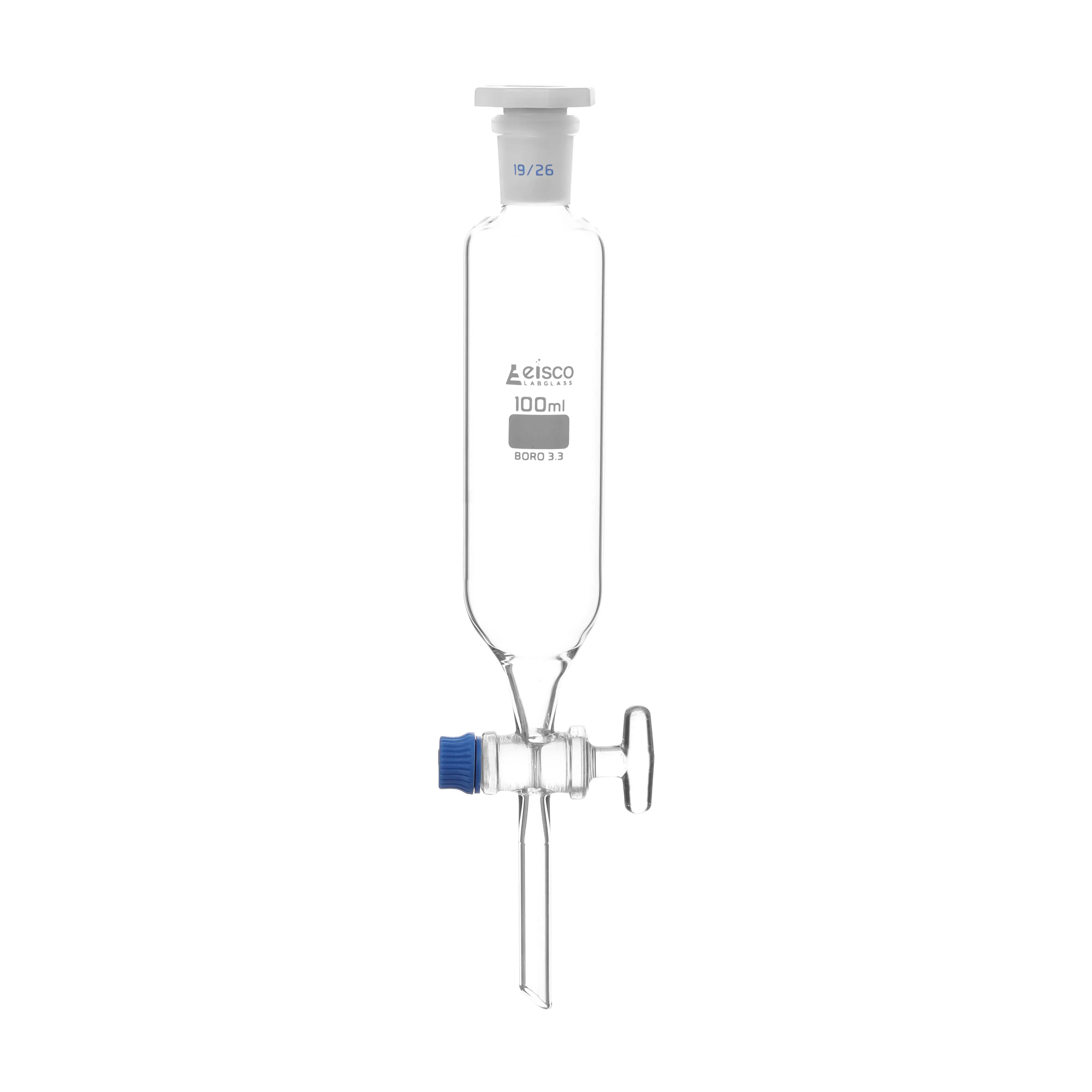 Funnel Dropping - Cylindrical, cap. 100ml, socket size 19/26, borosilicate glass, Un-graduated cylindrical with glass stopcock & interchangeable plastic stopper