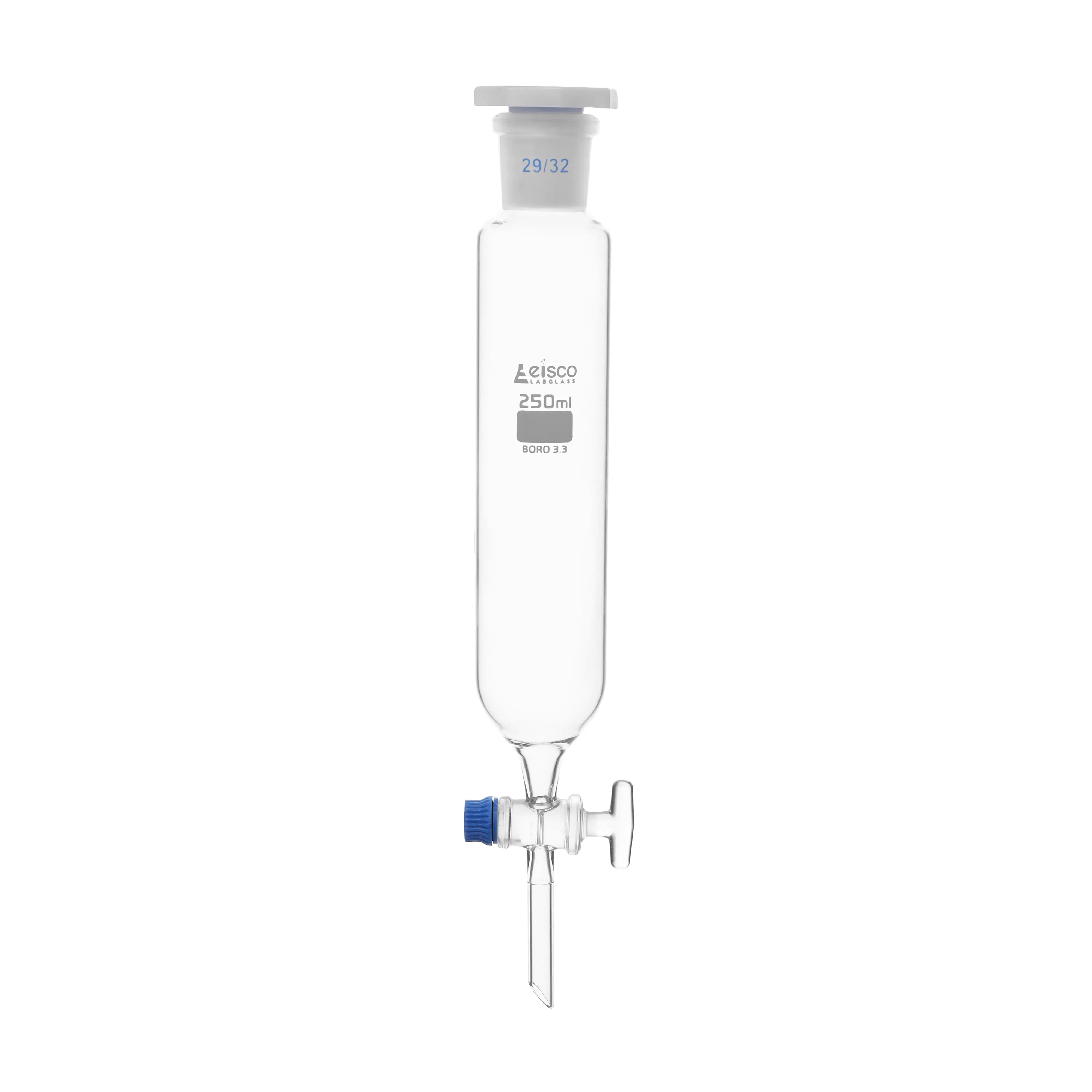 Funnel Dropping - Cylindrical, cap. 250ml, socket size 29/32, borosilicate glass, graduated cylindrical with glass stopcock & interchangeable plastic stopper