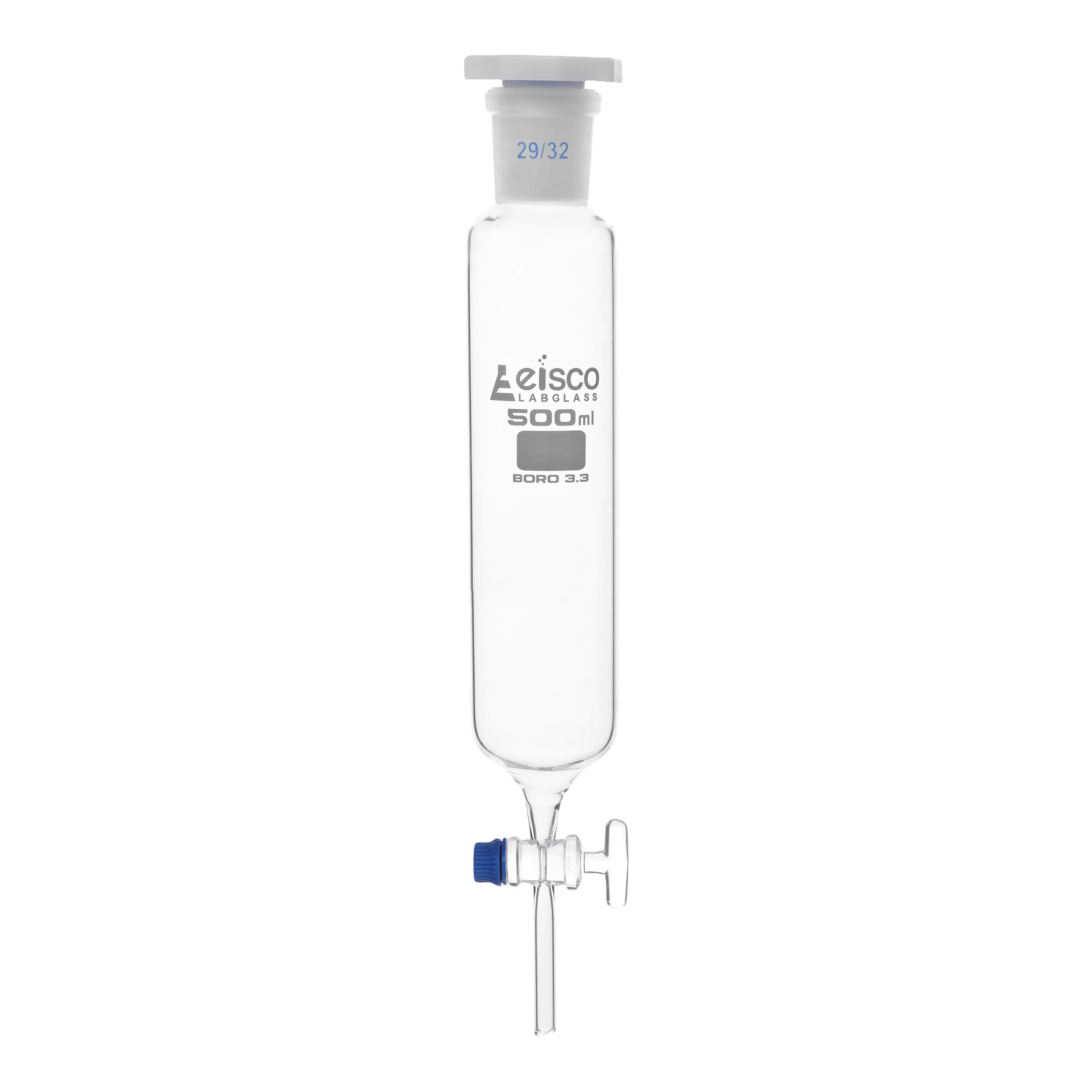 Funnel Dropping - Cylindrical, cap. 500ml, socket size 29/32, borosilicate glass, graduated cylindrical with glass stopcock & interchangeable plastic stopper