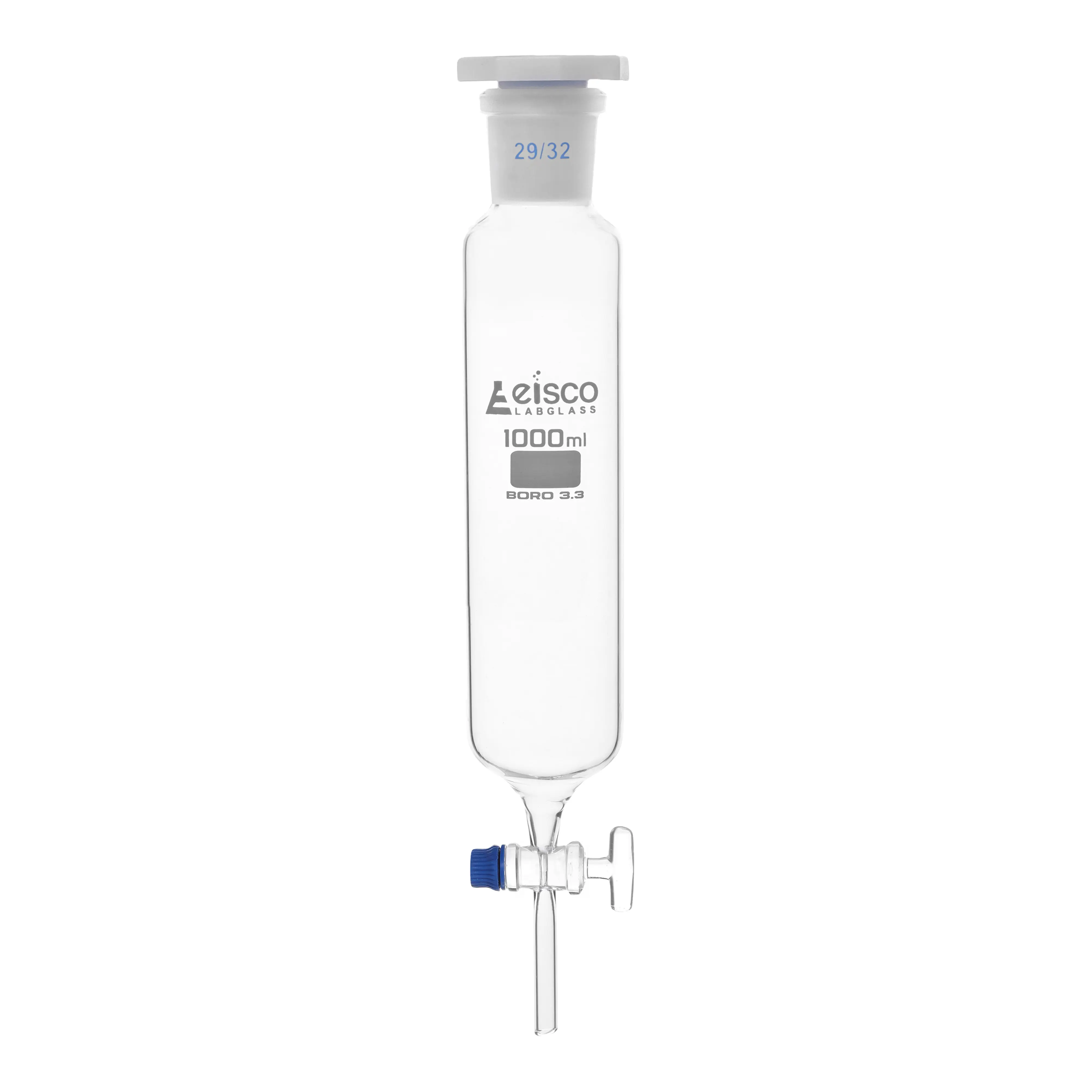 Funnel Dropping - Cylindrical, cap. 1000ml, socket size 29/32, borosilicate glass, graduated cylindrical with glass stopcock & interchangeable plastic stopper