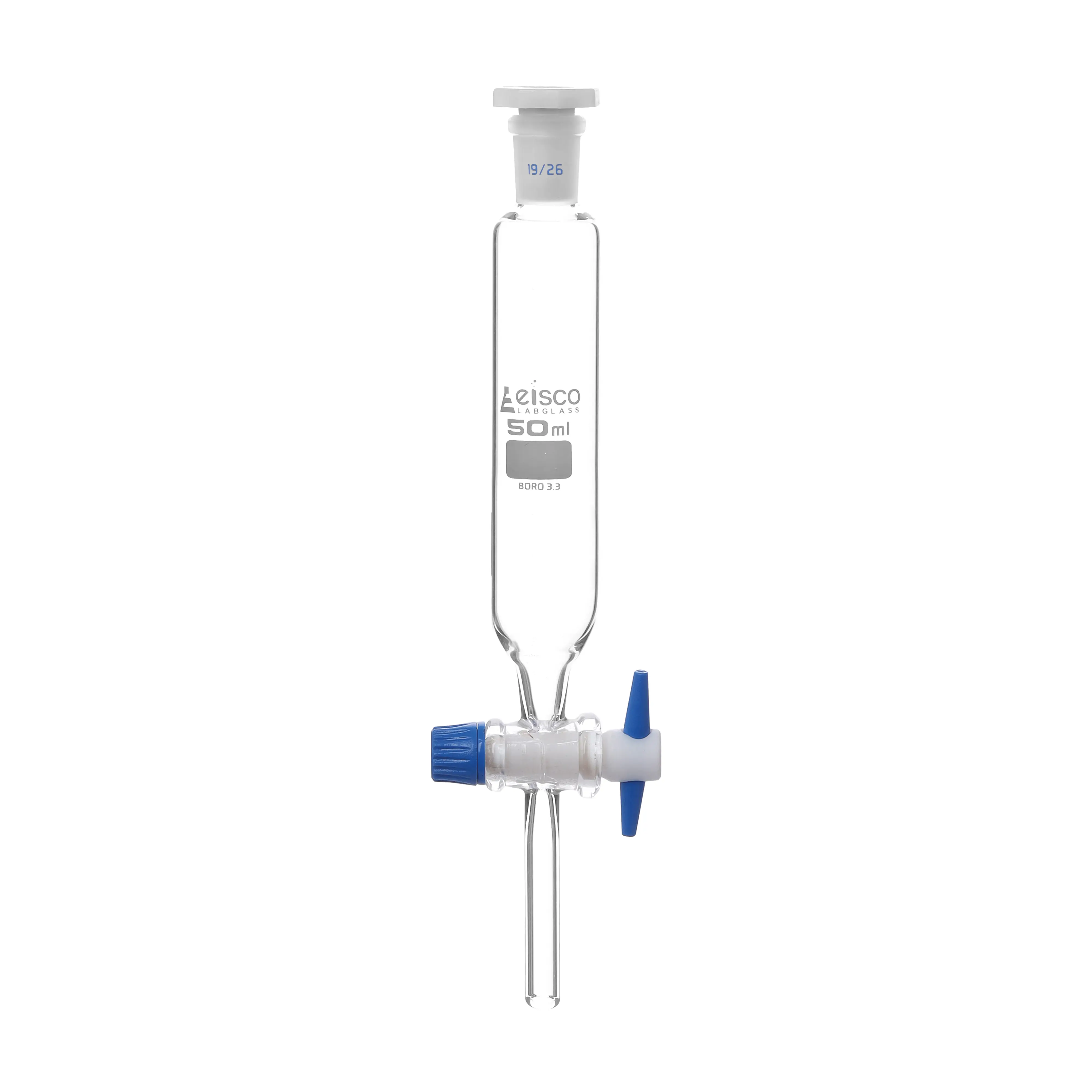 Funnel Dropping - Cylindrical, cap. 50ml, socket size 19/26, borosilicate glass, Un-graduated cylindrical with PTFE stopcock & interchangeable plastic stopper