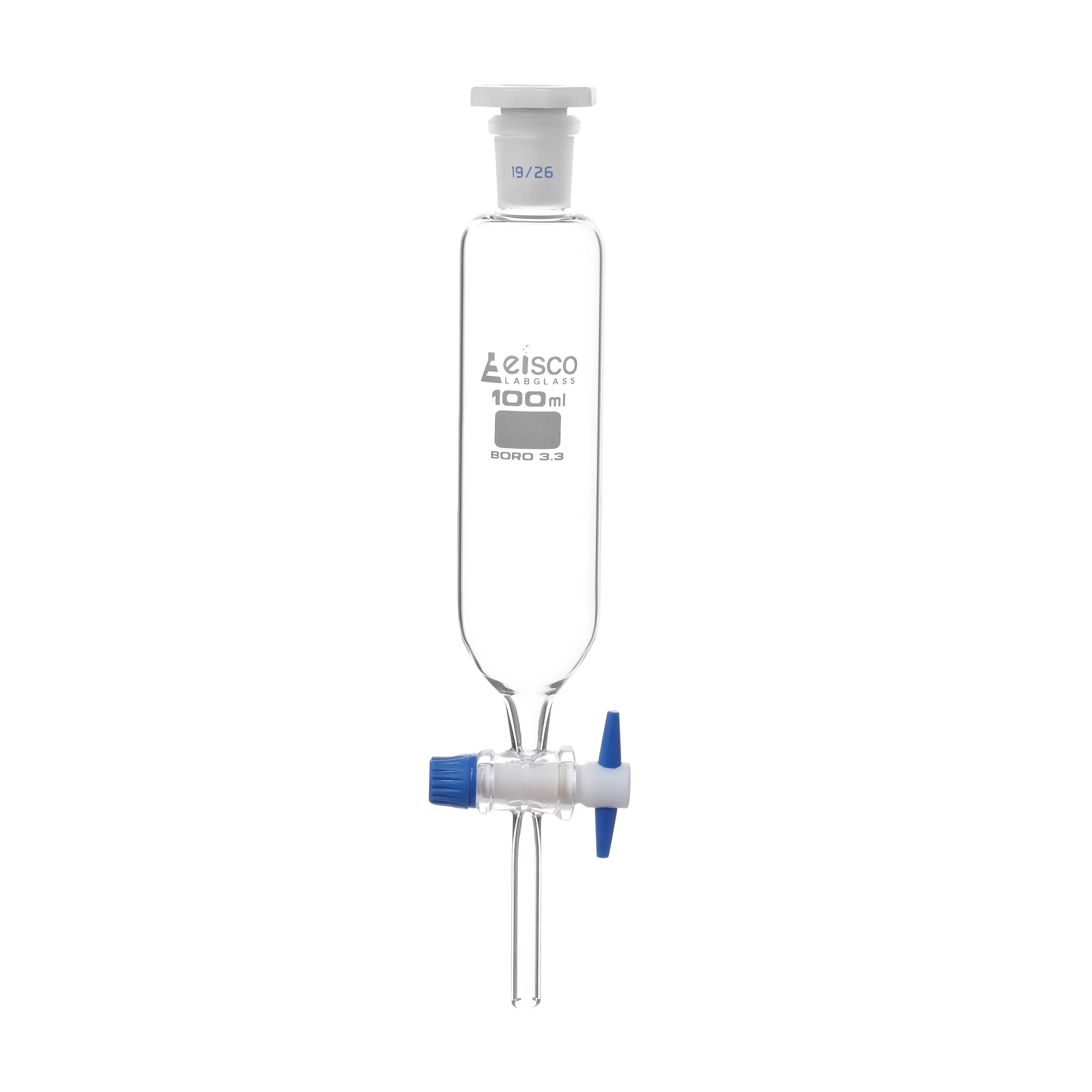 Funnel Dropping - Cylindrical, cap. 250ml, socket size 29/32, borosilicate glass, graduated cylindrical with PTFE stopcock & interchangeable plastic stopper