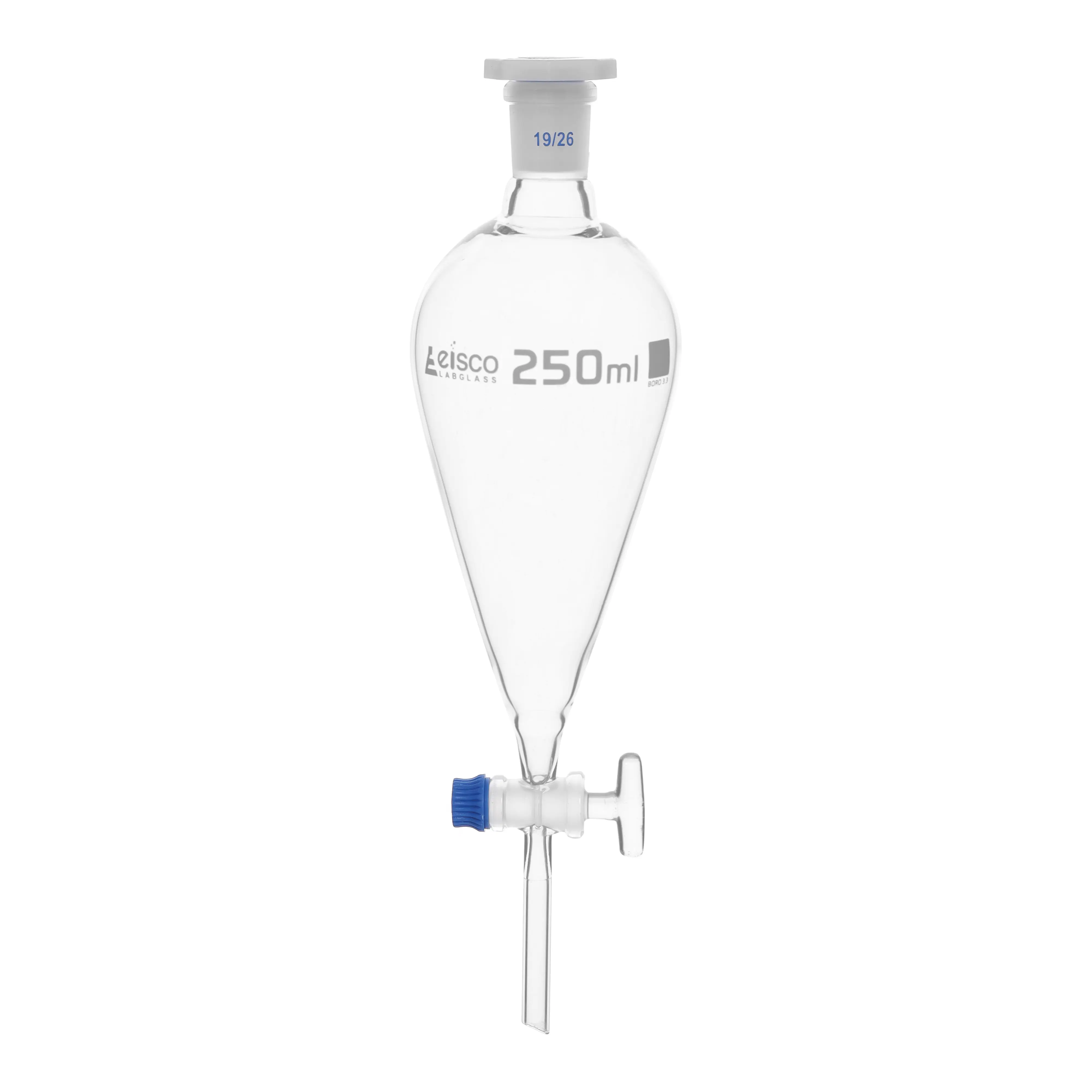 Funnel Separating - Squibb, cap. 250ml, socket size 19/26, borosilicate glass, with interchangeable plastic stopper and glass stopcock, Gradauted