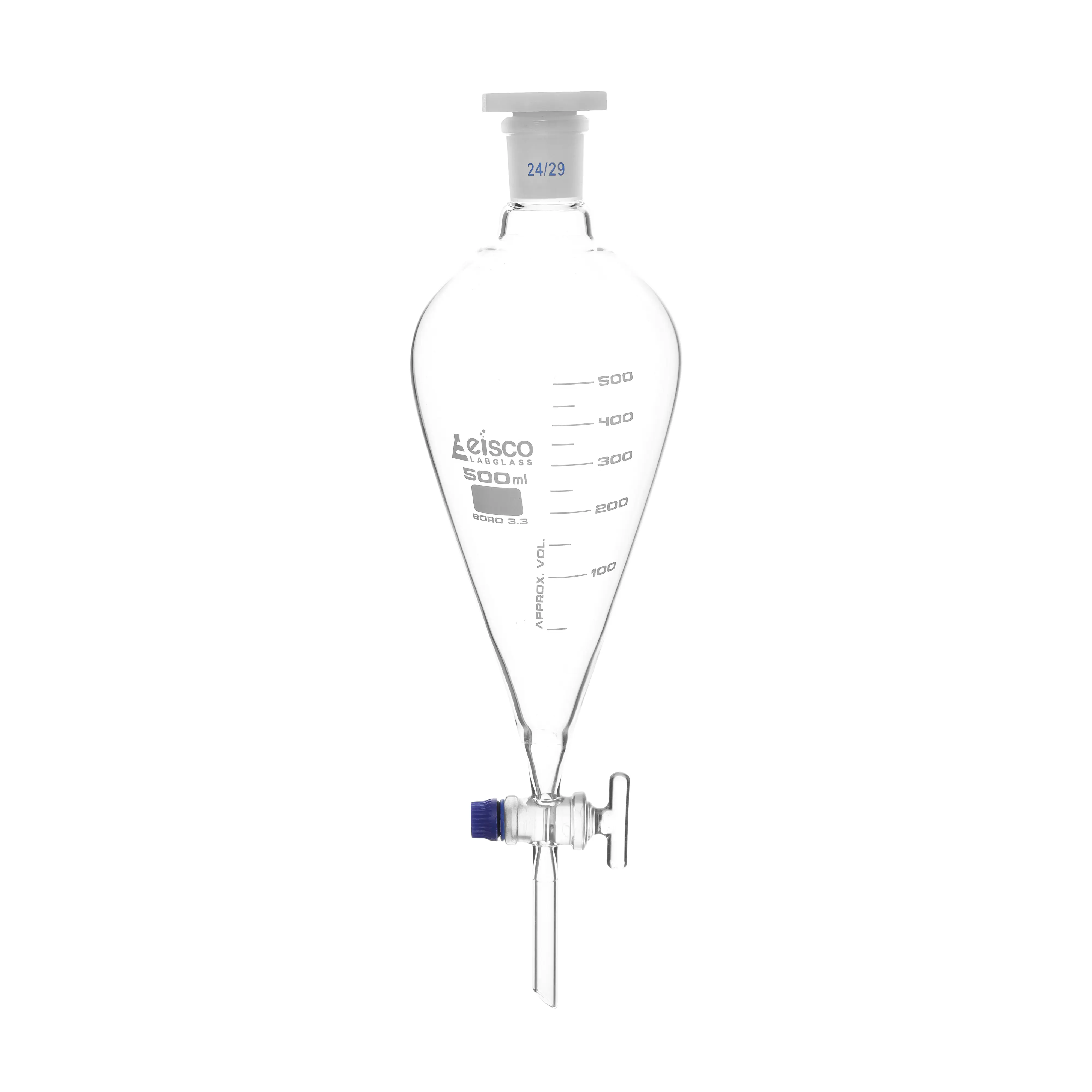 Funnel Separating - Squibb, cap. 1000ml, socket size 29/32, borosilicate glass, with interchangeable plastic stopper and glass stopcock, Un-Gradauted
