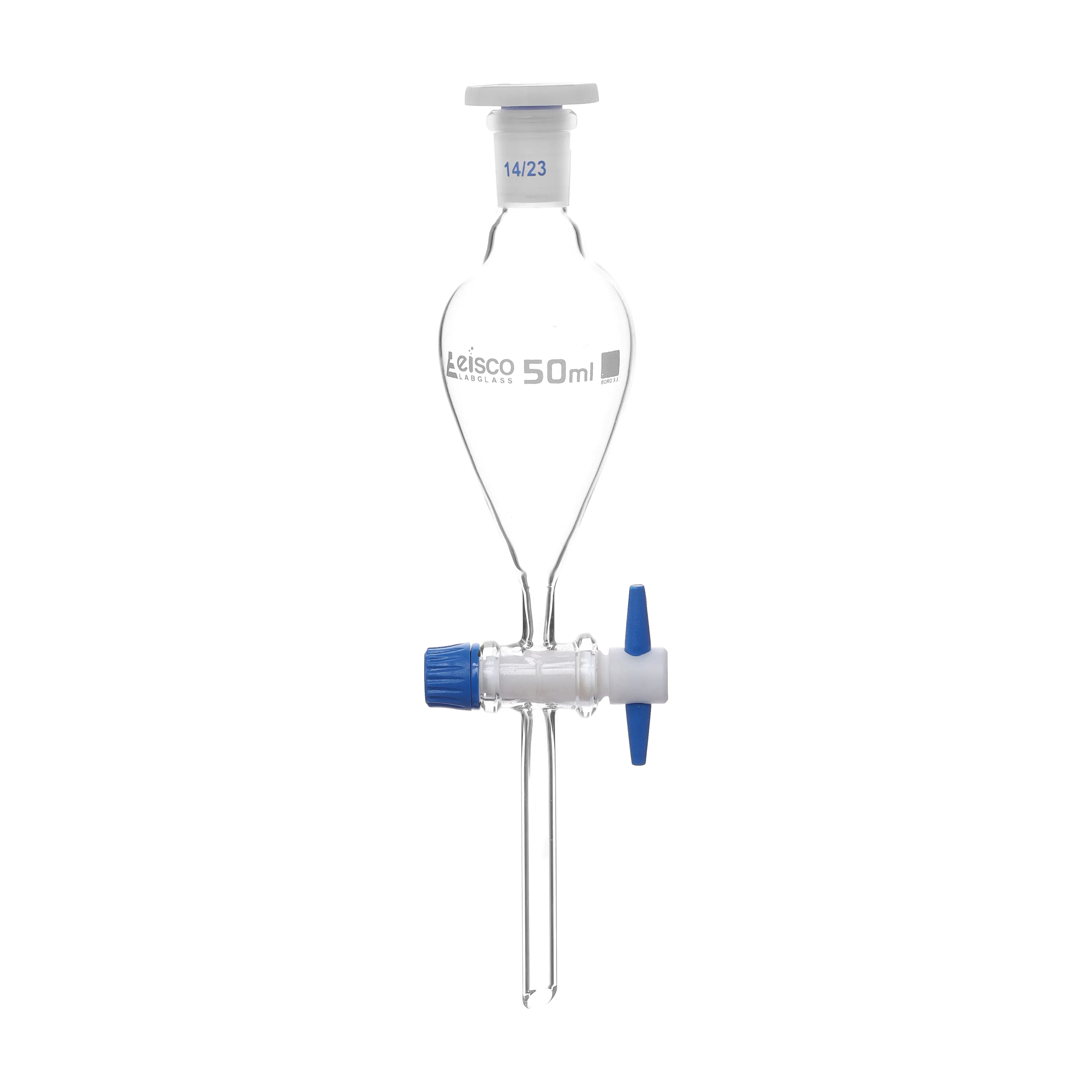 Funnel Separating - Squibb, cap. 50ml, socket size 14/23, borosilicate glass, with interchangeable plastic stopper and PTFE key stopcock, Un-Gradauted