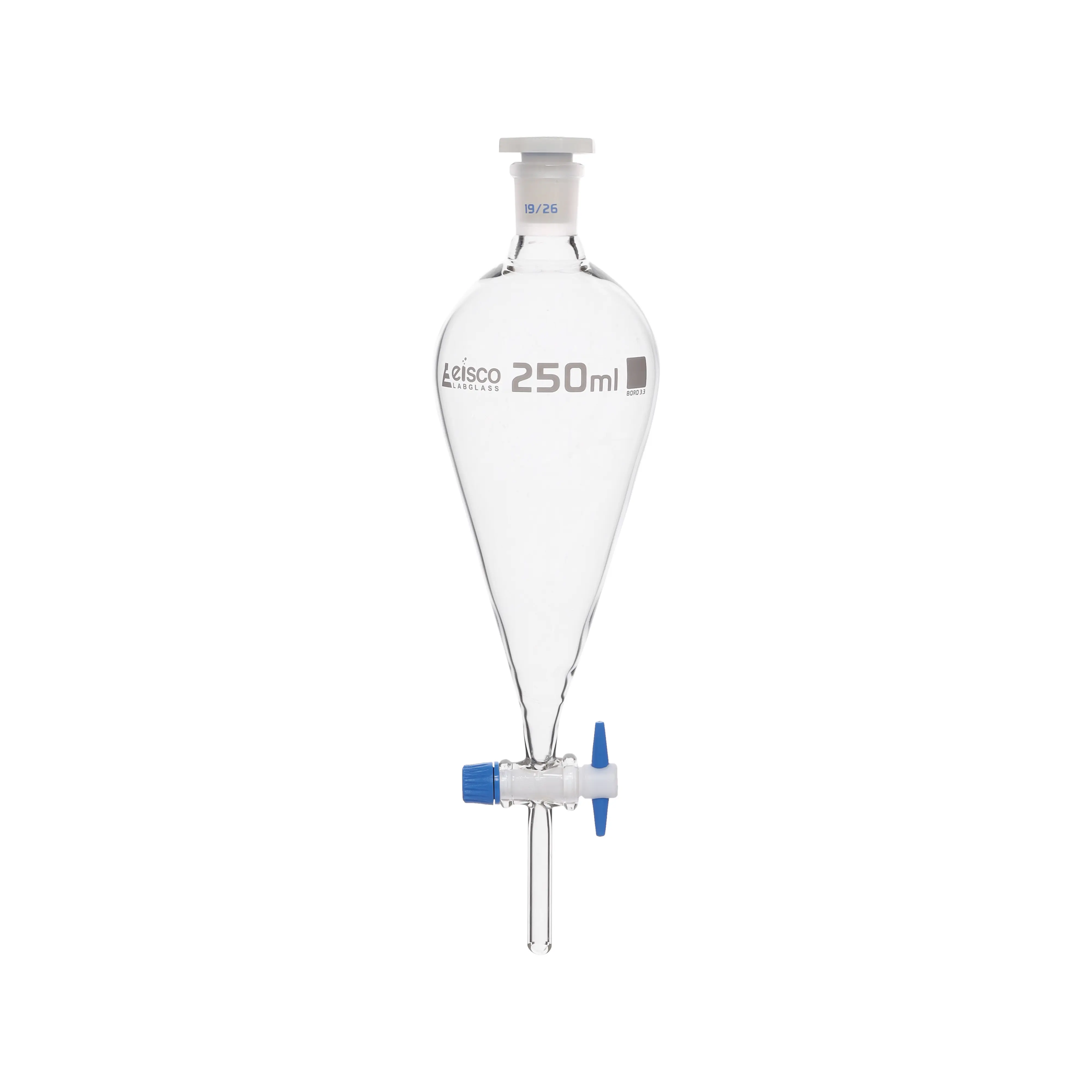 Funnel Separating - Squibb, cap. 250ml, socket size 19/26, borosilicate glass, with interchangeable plastic stopper and PTFE key stopcock, Un-Gradauted