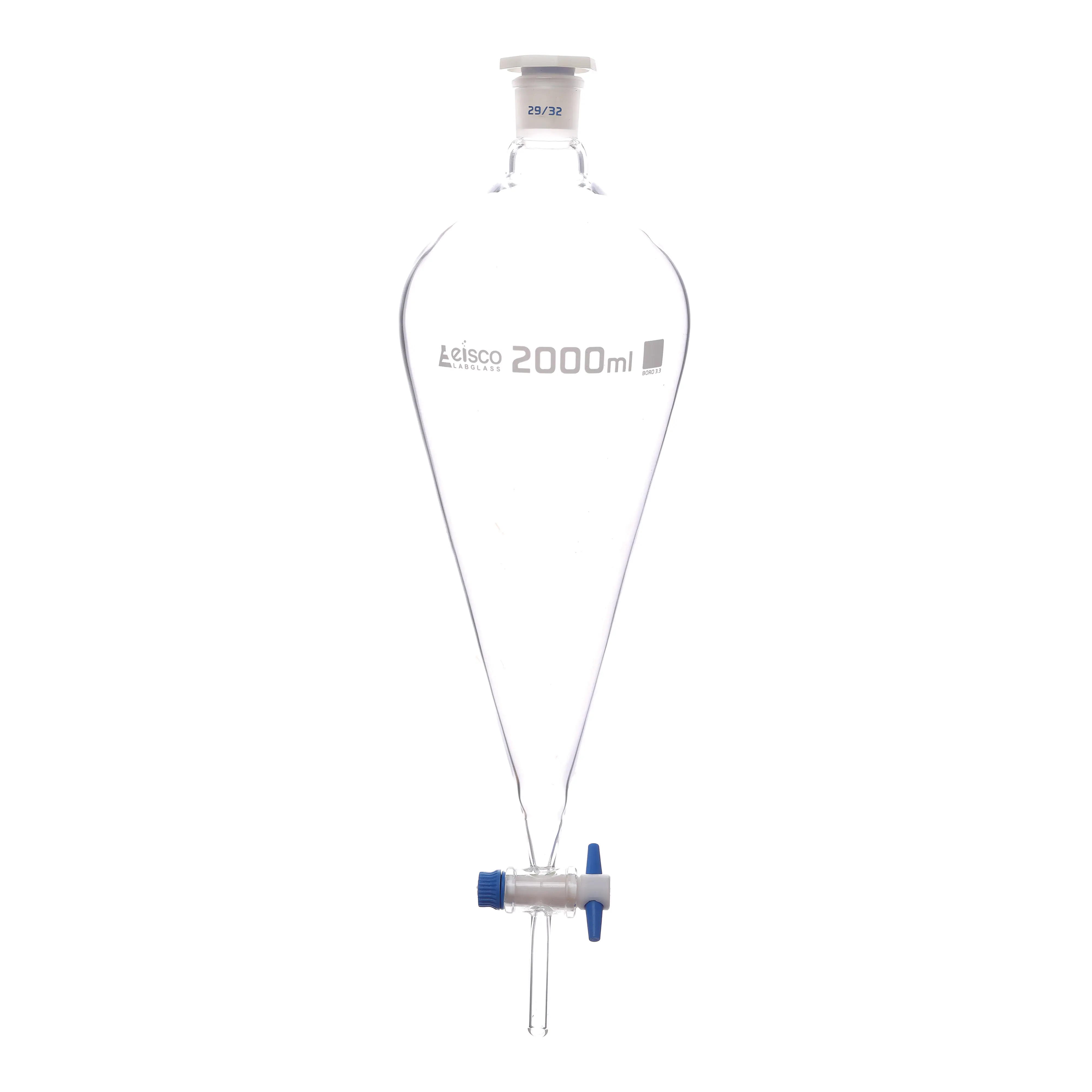 Funnel Separating - Squibb, cap. 2000ml, socket size 29/32, borosilicate glass, with interchangeable plastic stopper and PTFE key stopcock, Gradauted