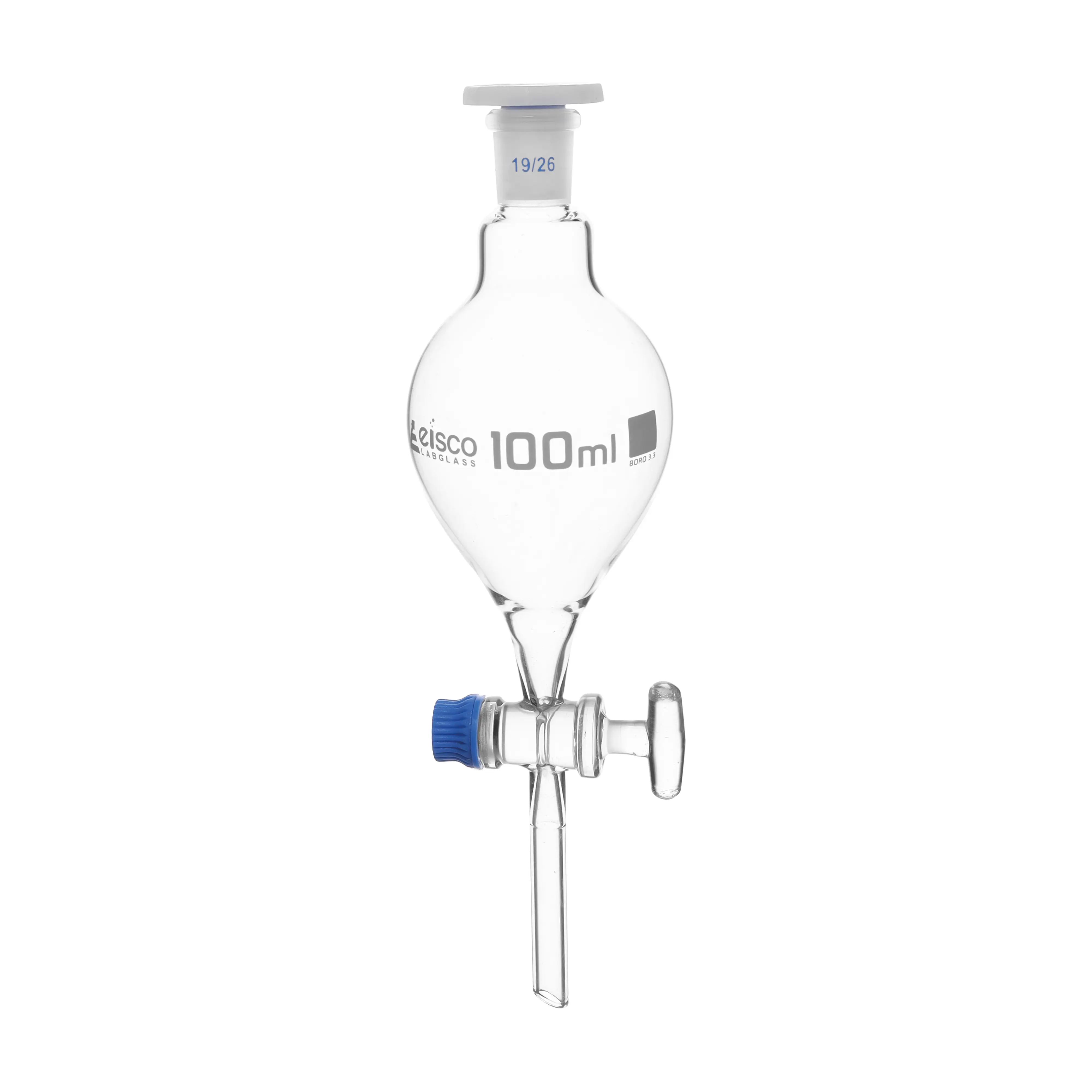 Funnel Separating - Pear shaped, cap. 1000ml, Socket size 29/32, borosilicate glass with interchangeable plastic stopper and glass stopcock