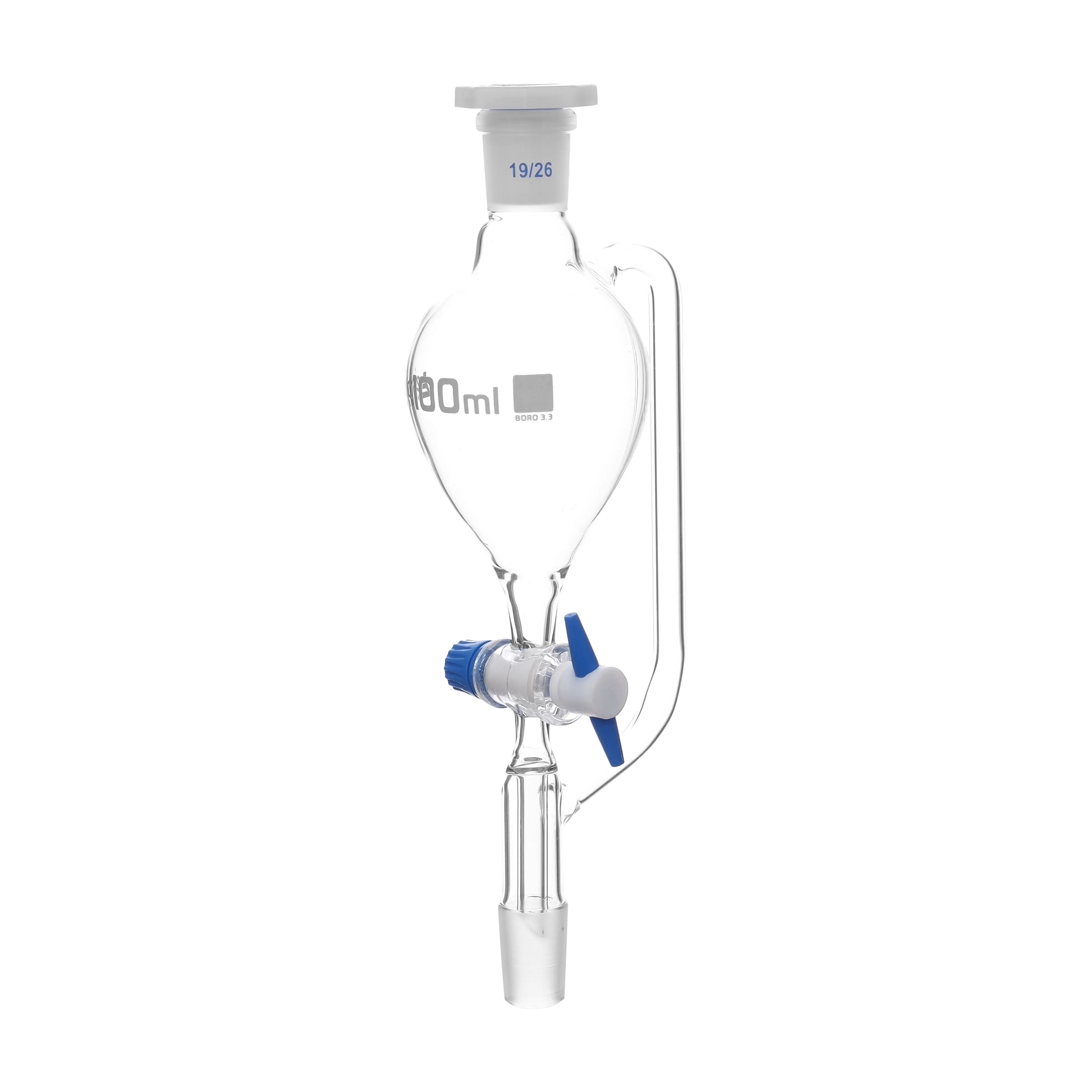 Funnel Separating -Pear Shaped, Pressure Equalising PTFE Key Stopcock 100 ml Scoket/Cone Size 19/26