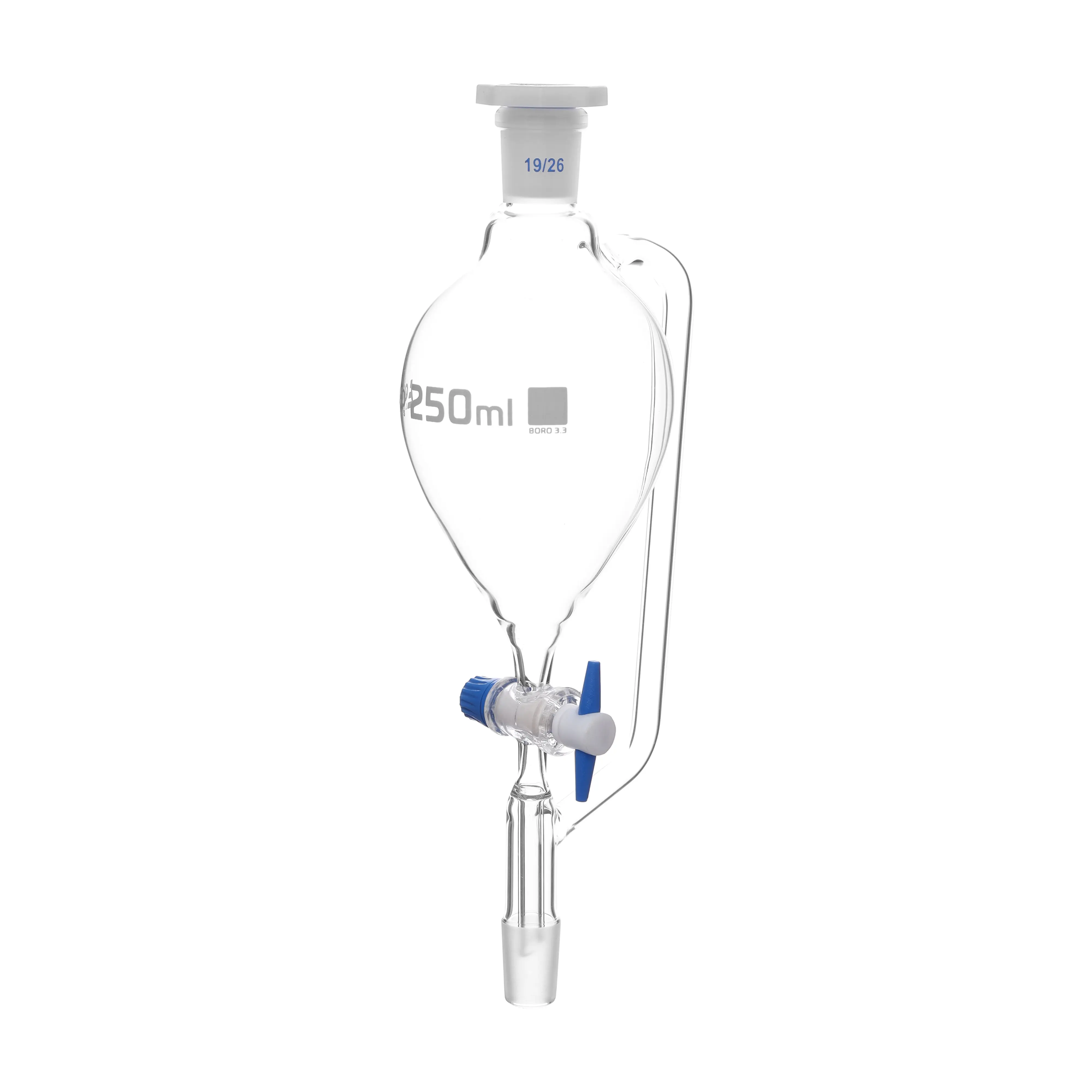 Funnel Separating -Pear Shaped, Pressure Equalising PTFE Key Stopcock 250 ml Scoket/Cone Size 19/26