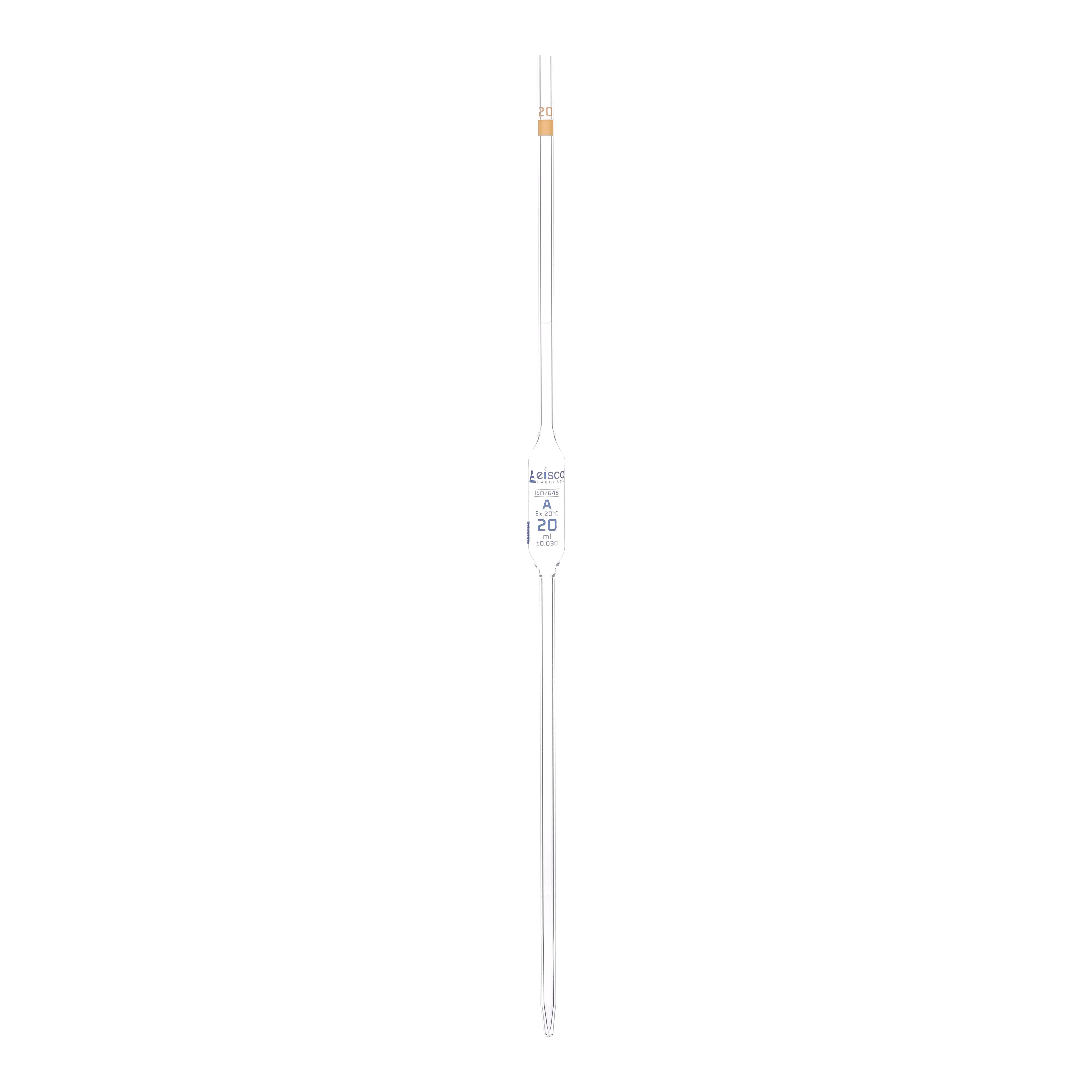 Pipeta volumétrica, 20 ml, clase A, código amarillo, graduación azul, vidrio de borosilicato
