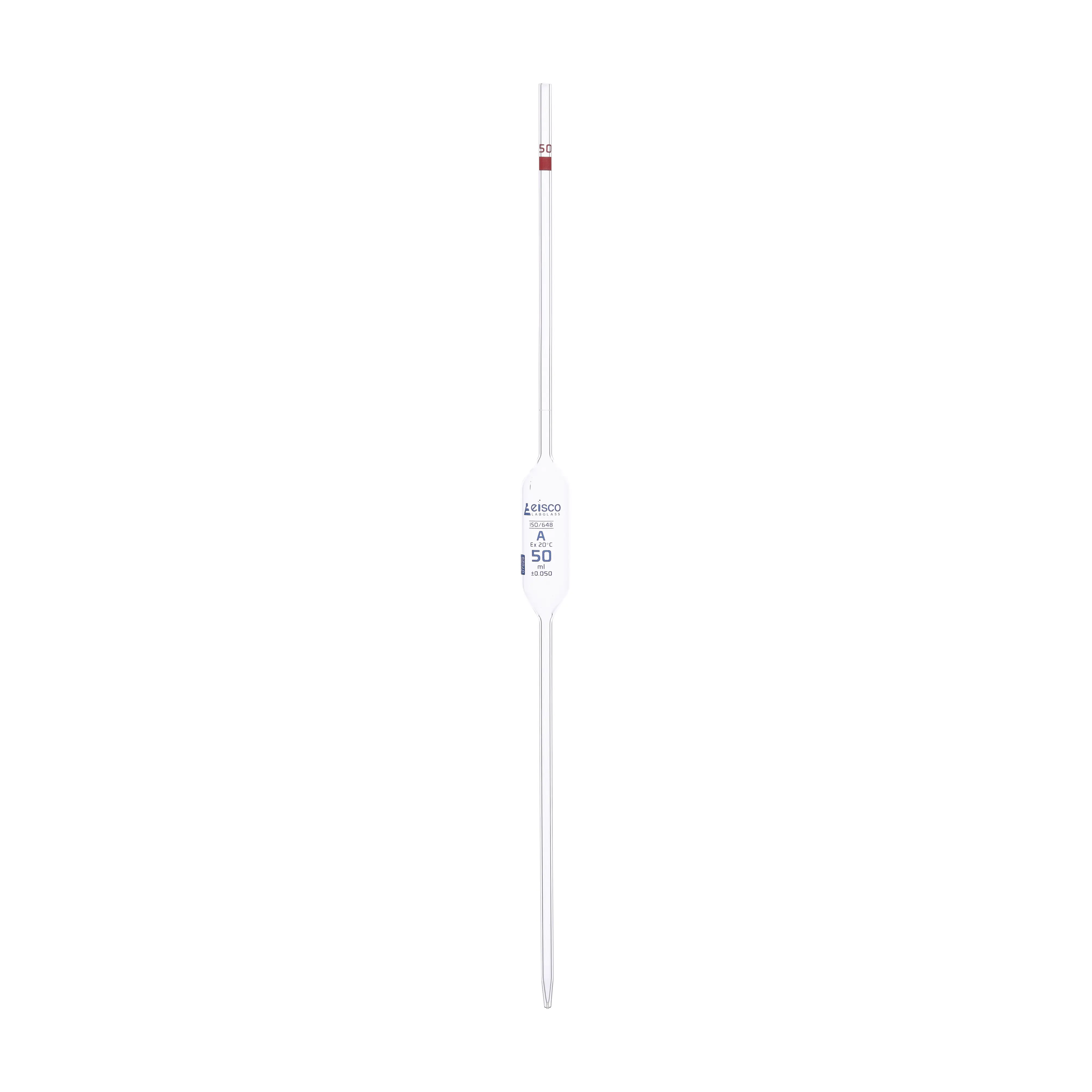 Pipeta volumétrica, 50 ml, clase A, marcas azules, código rojo, vidrio de borosilicato