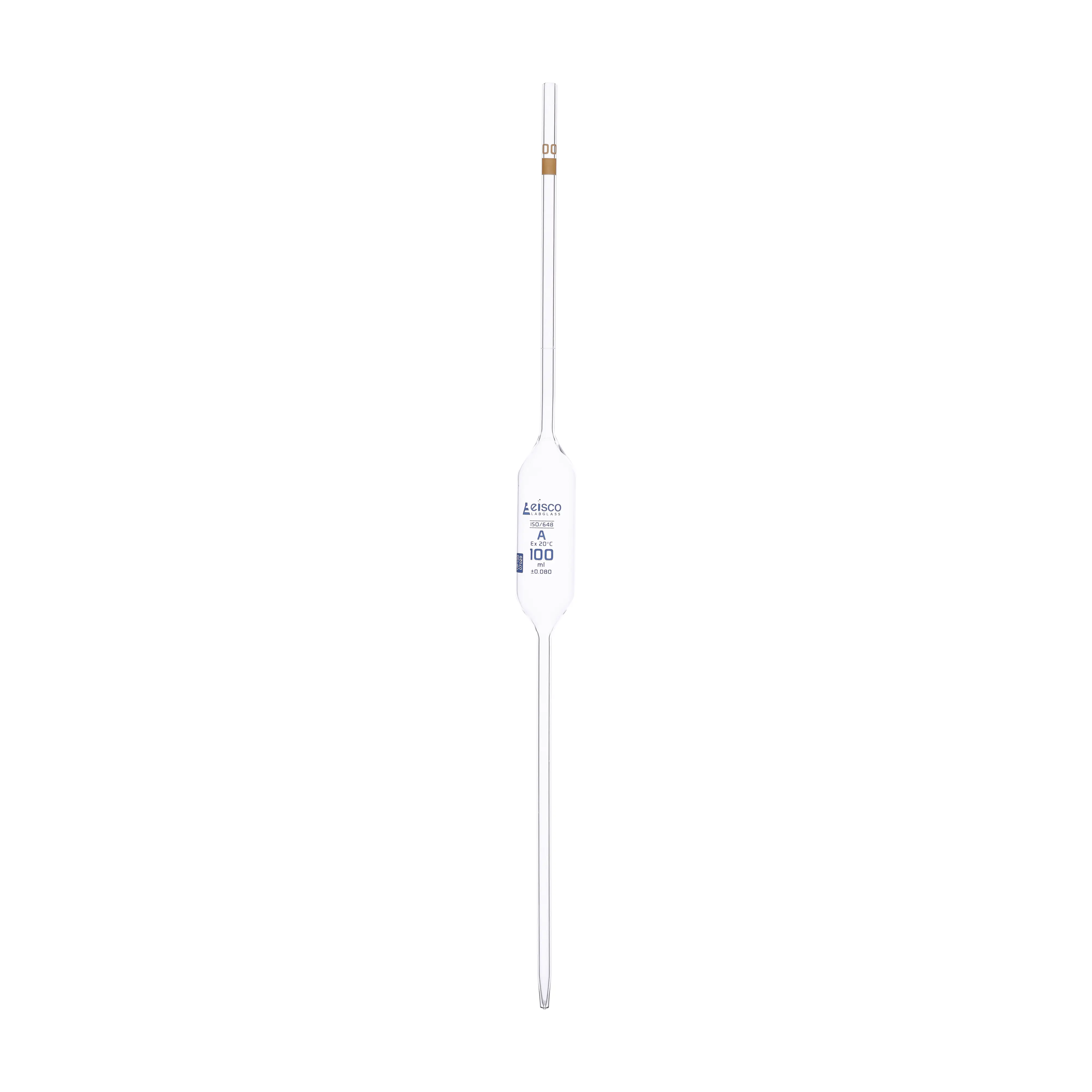 Pipeta volumétrica, 100 ml, clase A, marcas azules, código amarillo, vidrio de borosilicato