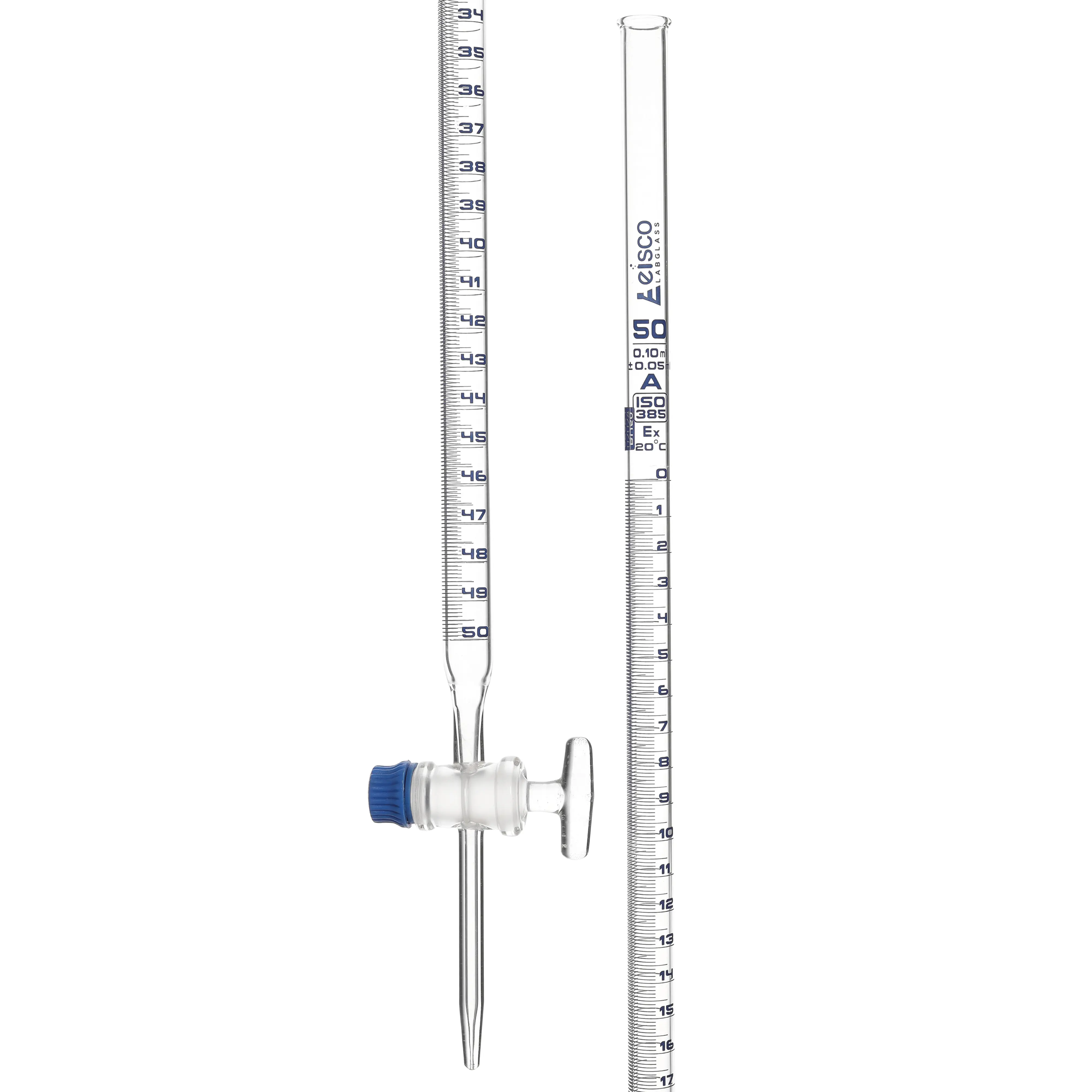 Burette, 10ml,class A with individual work certificate,glass key stopcock,made of borosilicate glass, as per DIN ISO 385 std., blue printing.