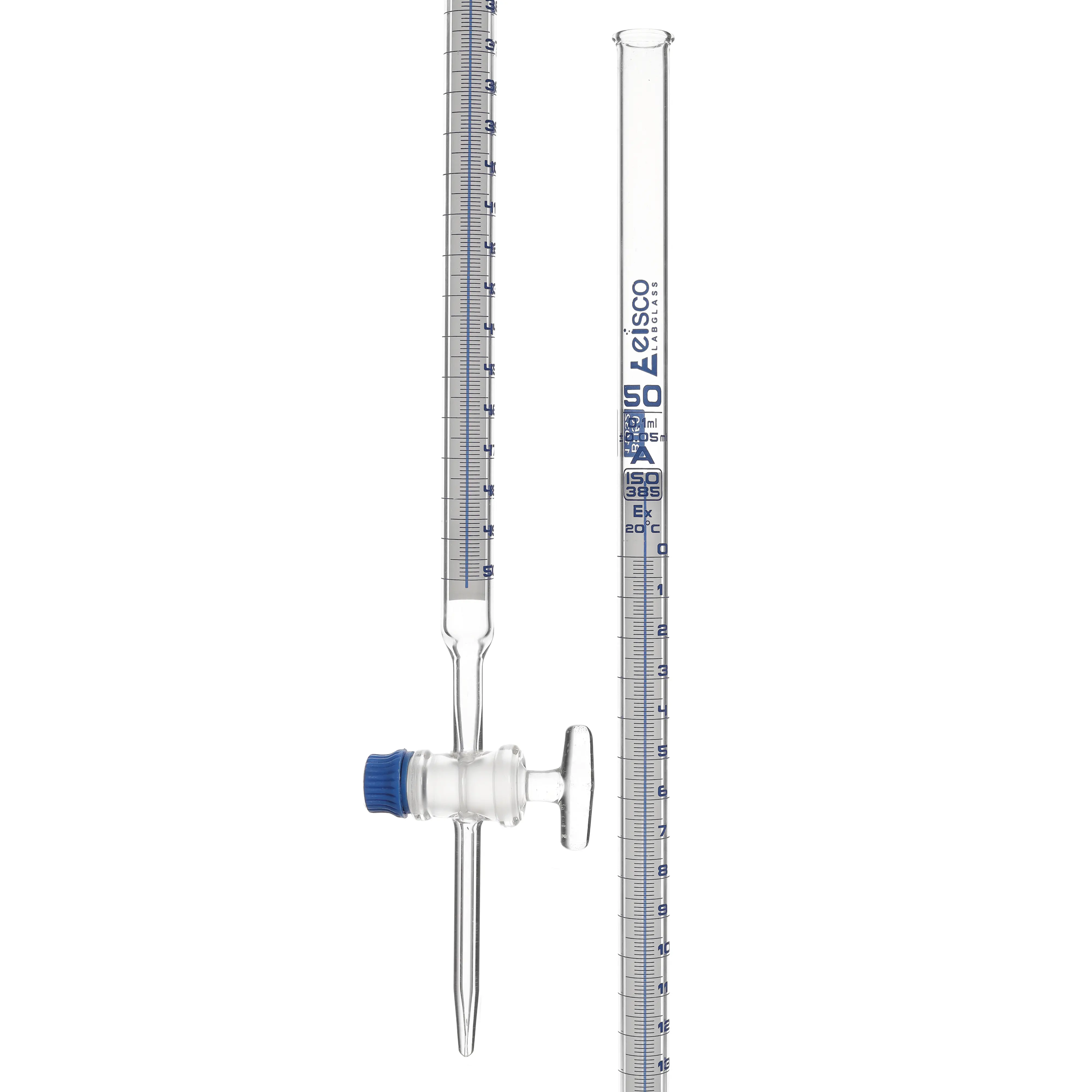 Burette- Schellbach, 100ml,class A with individual work certificate,glass key stopcock,made of borosilicate glass, as per DIN ISO 385 std., blue printing.
