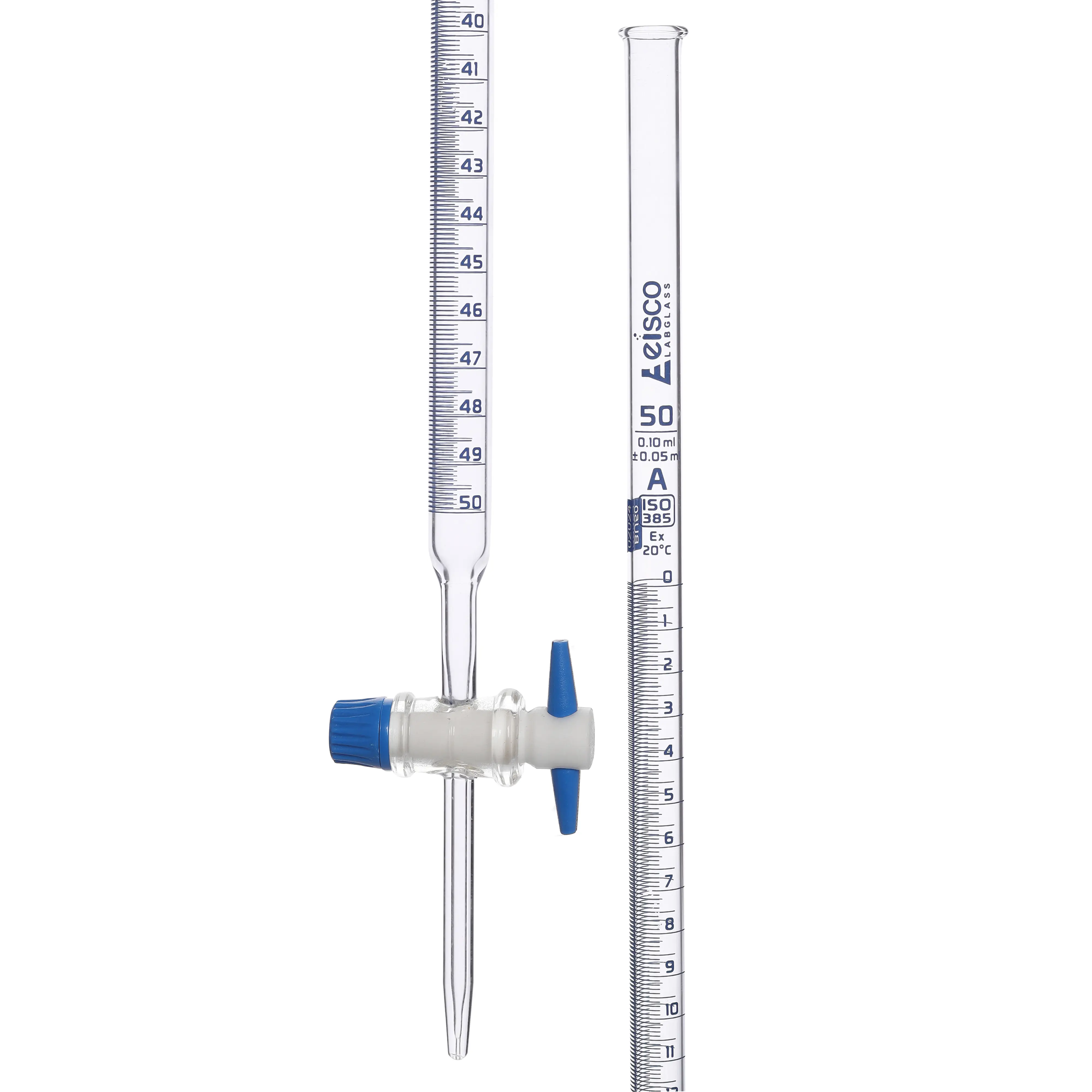 Burette,100ml,class A with individual work certificate,interchangeable PTFE key stopcock,made of borosilicate glass, as per DIN ISO 385 std., blue printing.