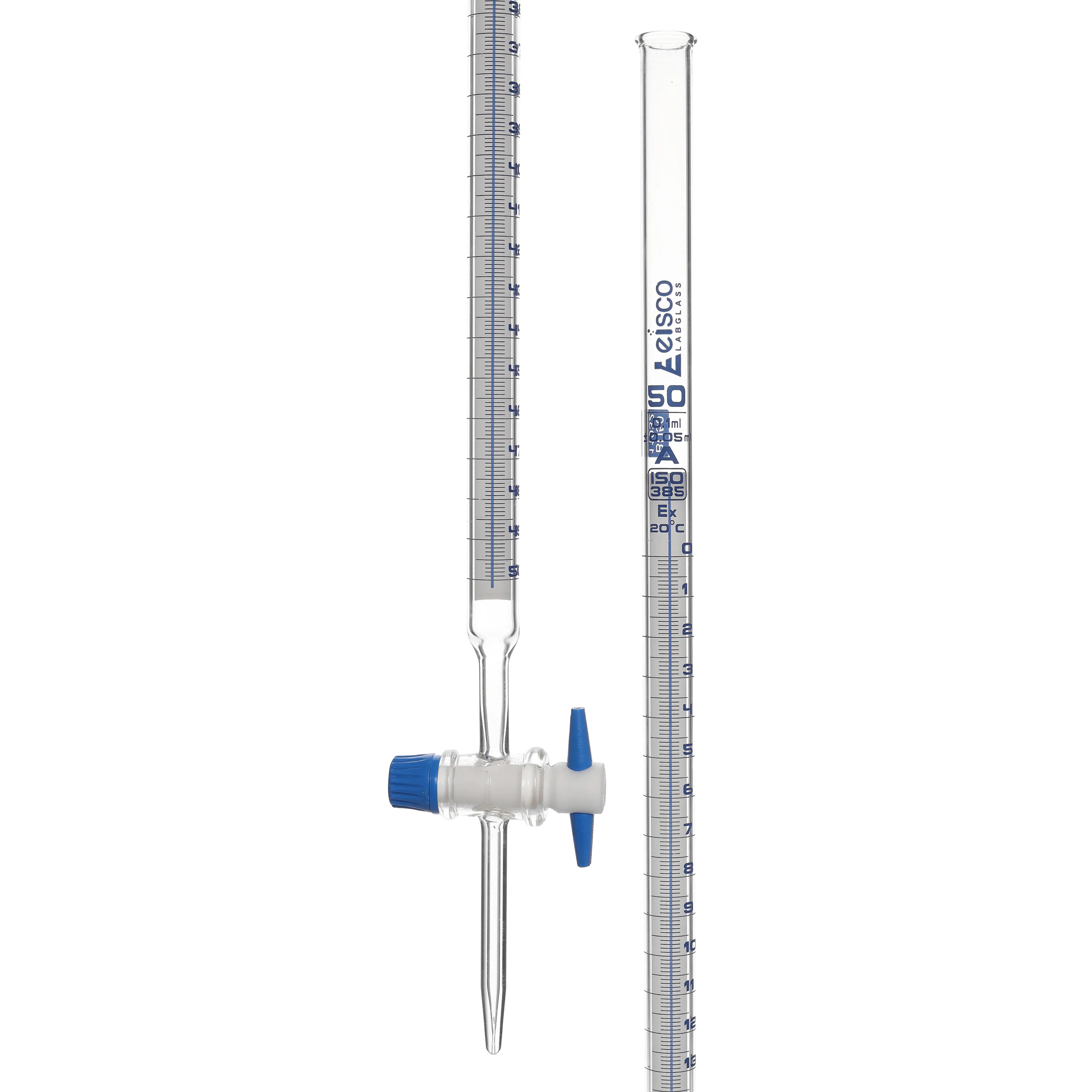 Burette- Schellbach,50ml,class A with individual work certificate,interchangeable PTFE key stopcock,made of borosilicate glass, as per DIN ISO 385 std., blue printing.