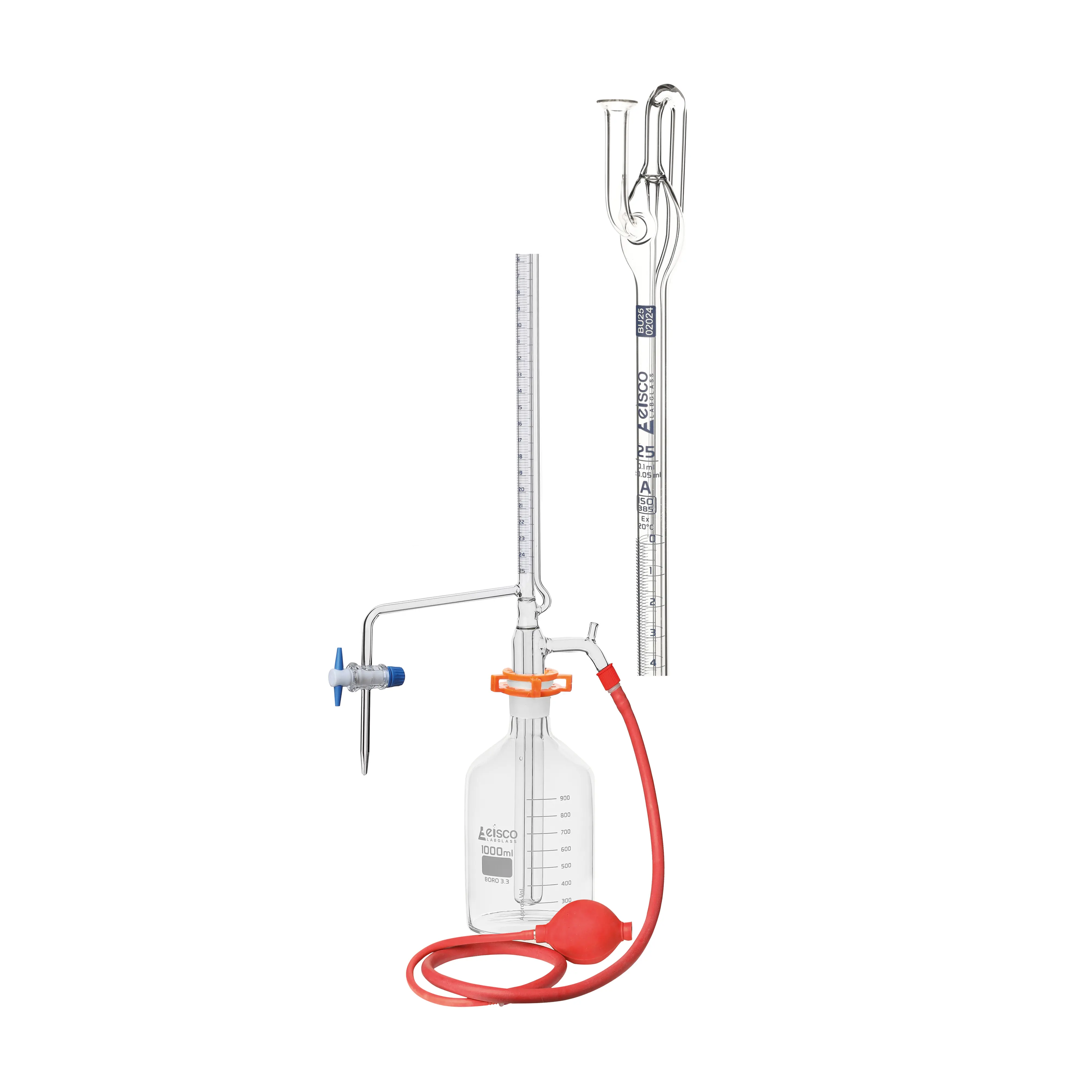 Burette- Automatic Zero,25ml,class A with individual work certificate,PTFE key stopcock,made of borosilicate glass, as per DIN ISO 385 std., blue printing.