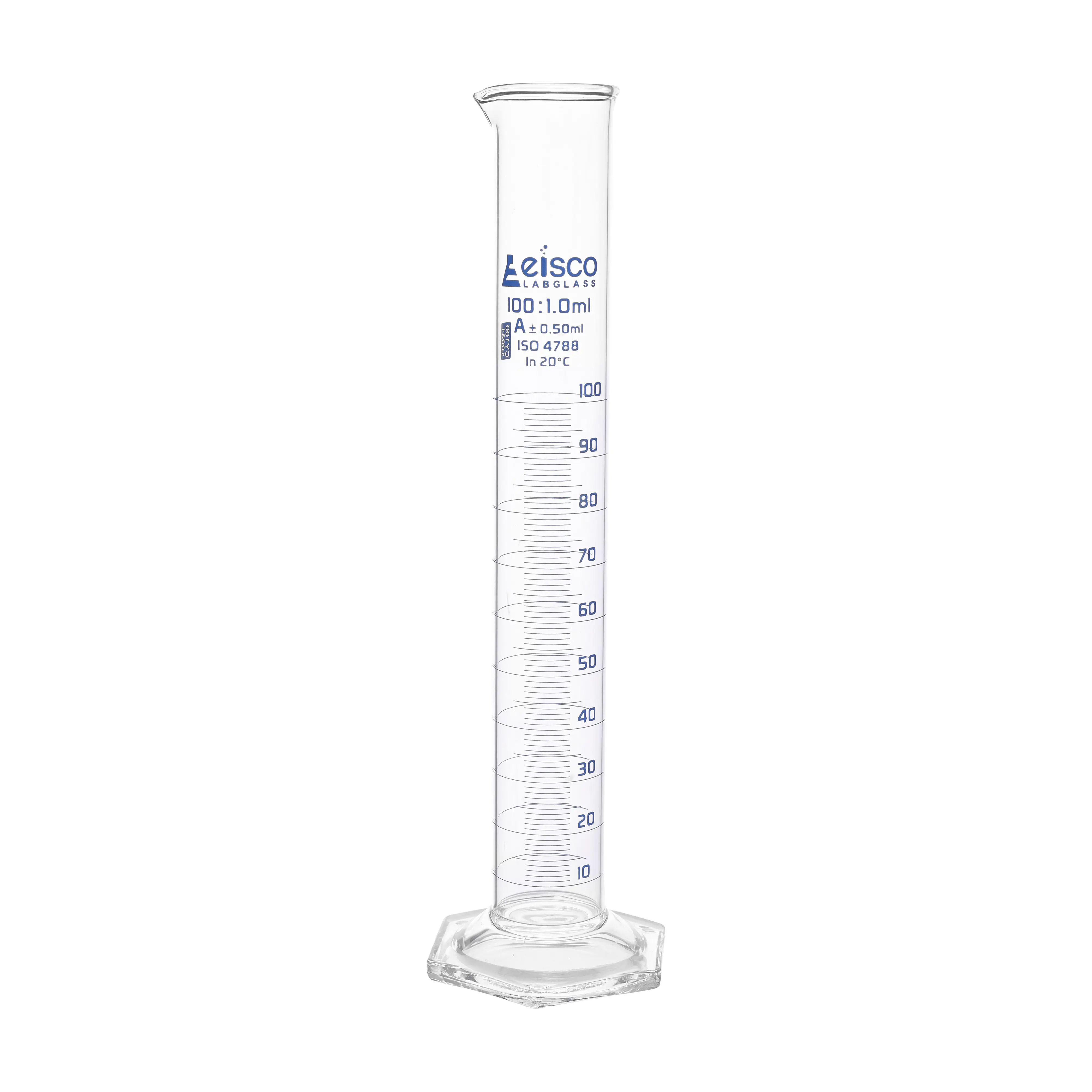 Cylinder Measuring Graduated, cap. 5ml., class 'A', hexagonal base, USP & individual wok certificate with spout, borosilicate glass, Blue Graduation