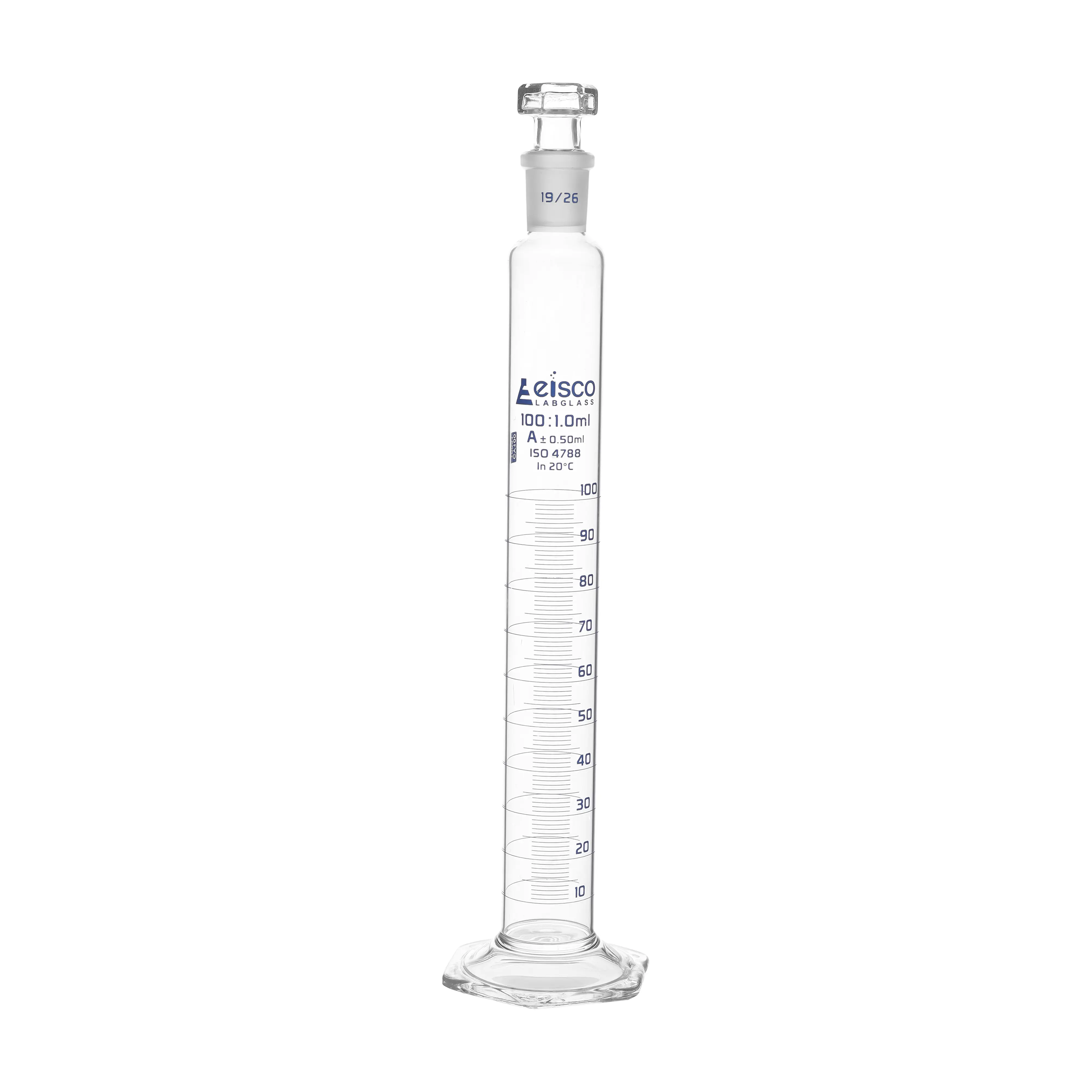 Cylinder Measuring Graduated, cap. 2000ml., class 'A',hexagonal base with interchangeable hexagonal glass/PP stopper & individual wok certificate with spout, borosilicate glass, Blue Graduation