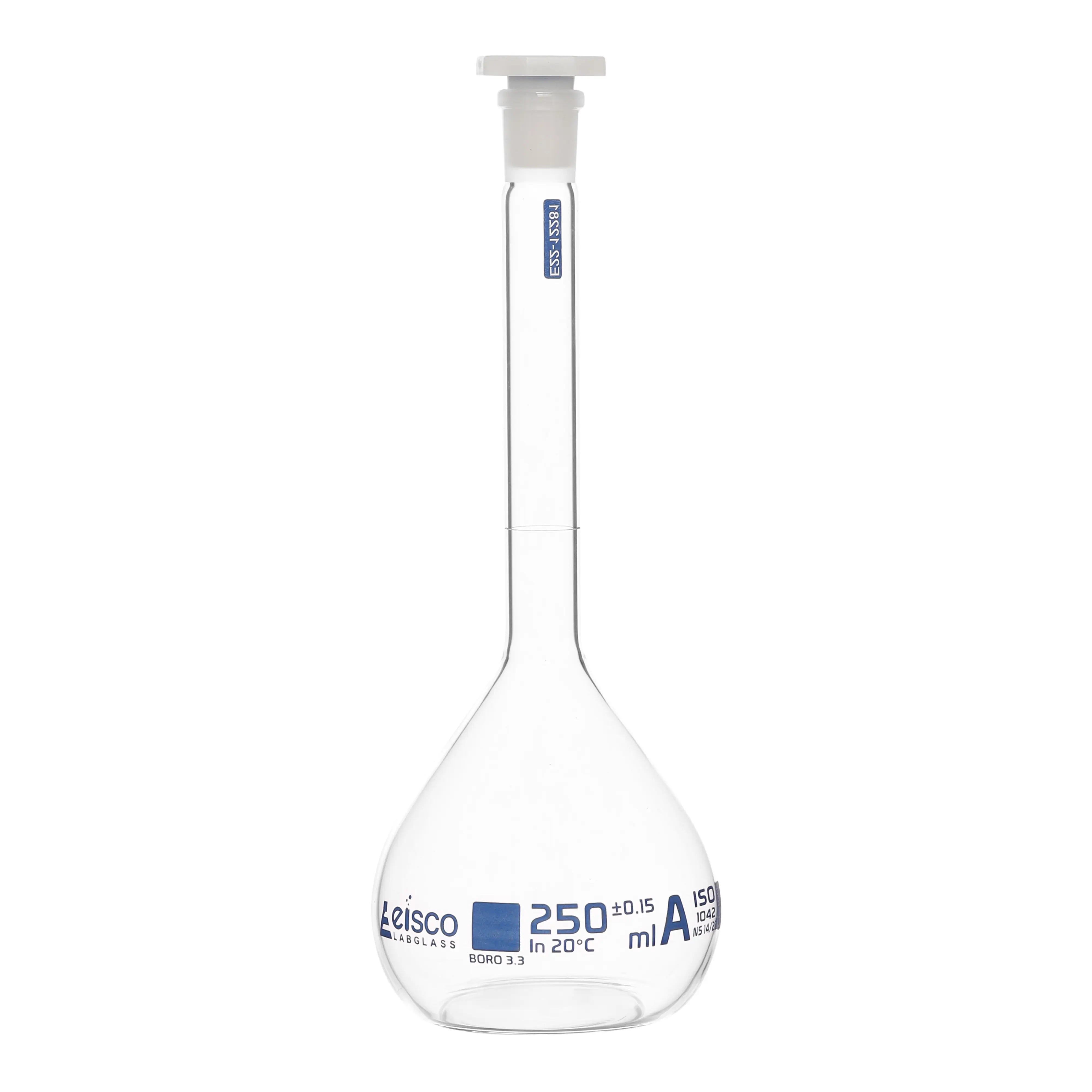 Flask Volumetric class 'A' with polypropylene stopper, cap. 20ml, socket size 10/19, individual work certificate, borosilicate glass, Blue Printing