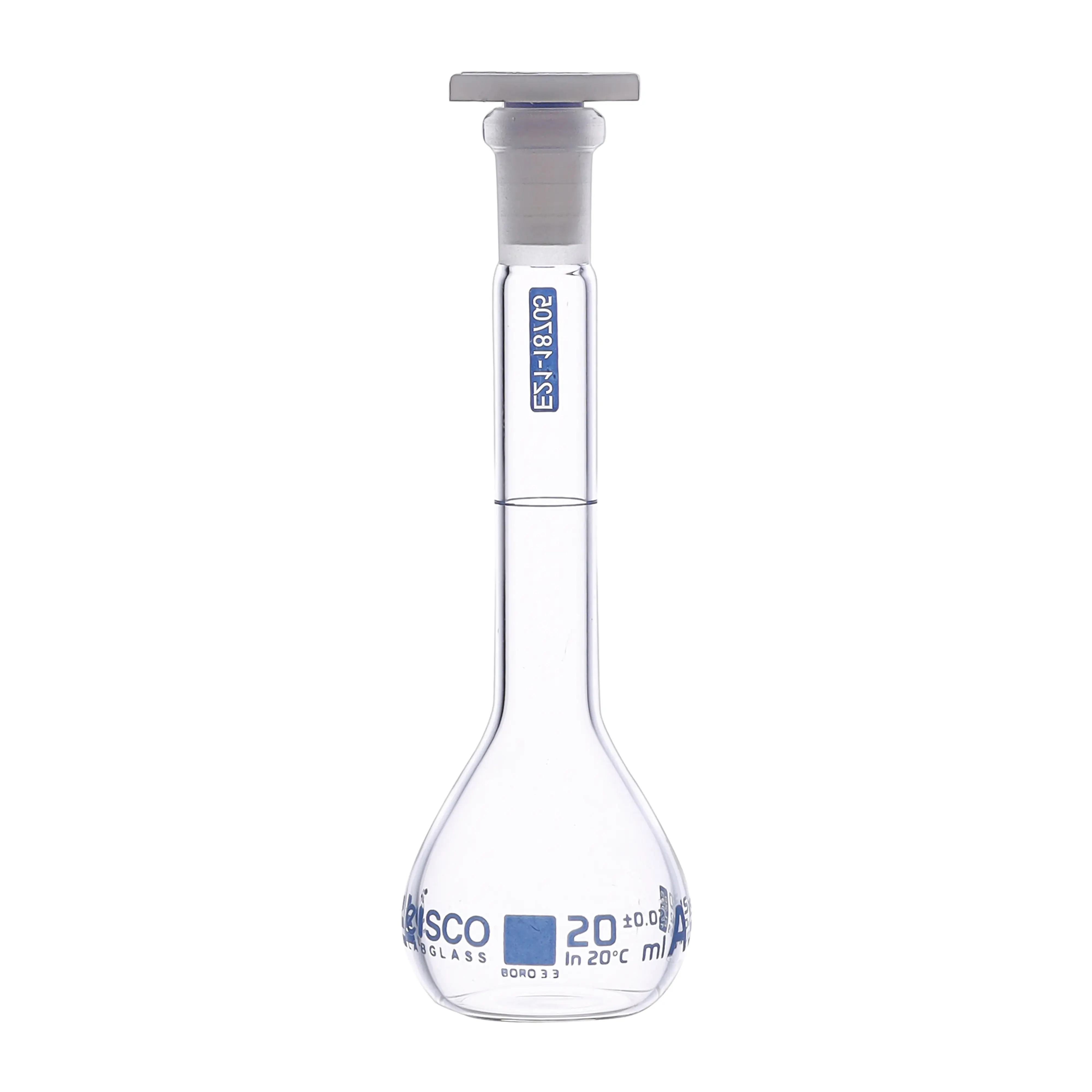 Flask Volumetric with USP & individual work certificate, Polypropylene Stopper,Class A, 20 ml,socket size 10/19, borosilicate glass.Blue Printing