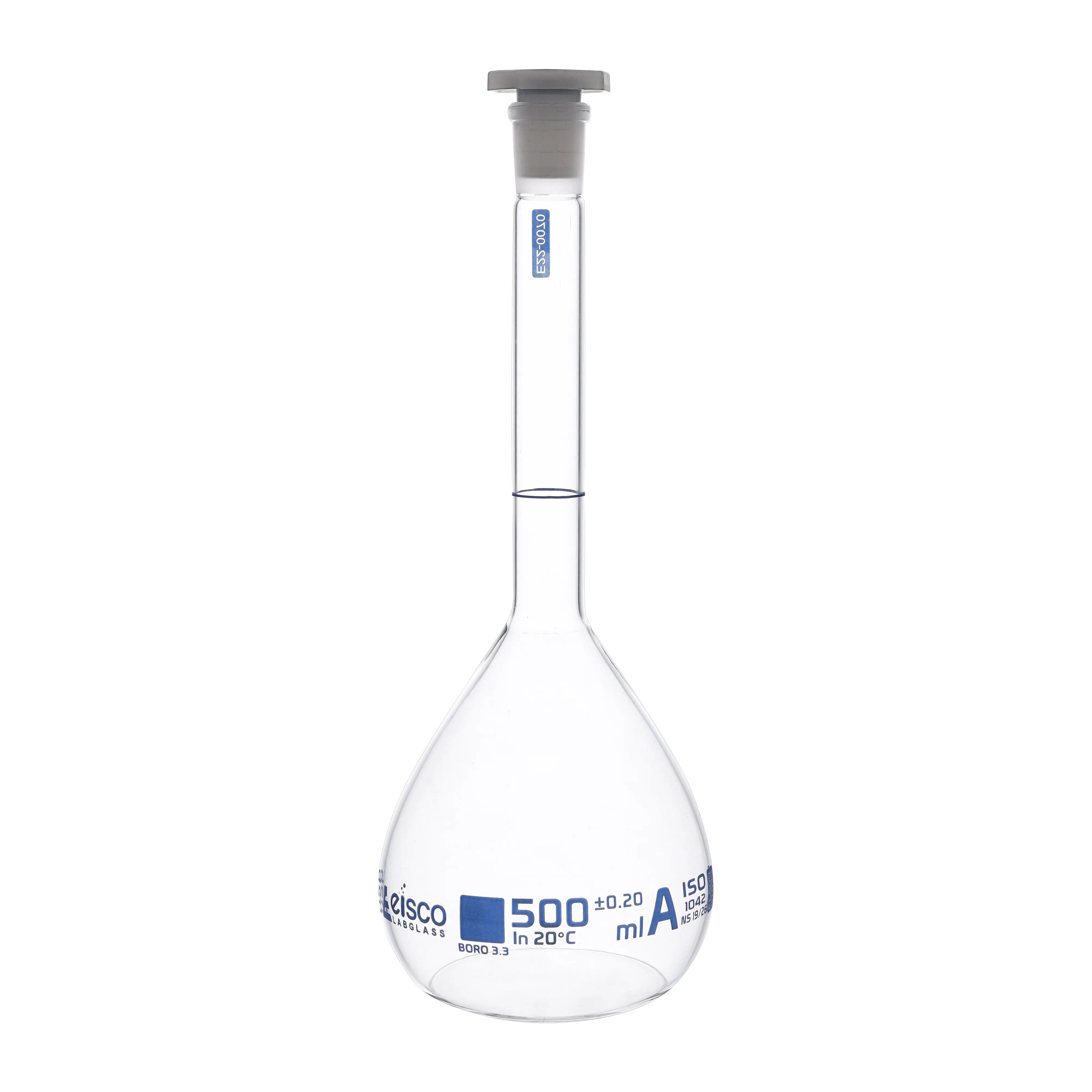 Flask Volumetric with USP & individual work certificate, Polypropylene Stopper,Class A, 500 ml,socket size 14/23, borosilicate glass.Blue Printing